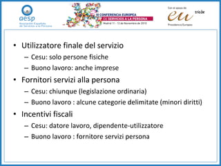 Utilizzatore finale del servizio Cesu: solo persone fisiche Buono lavoro: anche imprese Fornitori servizi alla persona Cesu: chiunque (legislazione ordinaria) Buono lavoro : alcune categorie delimitate (minori diritti) Incentivi fiscali Cesu: datore lavoro, dipendente-utilizzatore Buono lavoro : fornitore servizi persona 