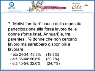 “ Motivi familiari” causa della mancata partecipazione alla forza lavoro delle donne (fonte Istat, Annuari) e, tra parentesi, % donne che non cercano lavoro ma sarebbero disponibili a lavorare:   - età 24-34: 46,3%  (19,8%)   - età 35-44: 50,6%  (30,2%)   - età 45-54: 32,6%  (24,7%) 