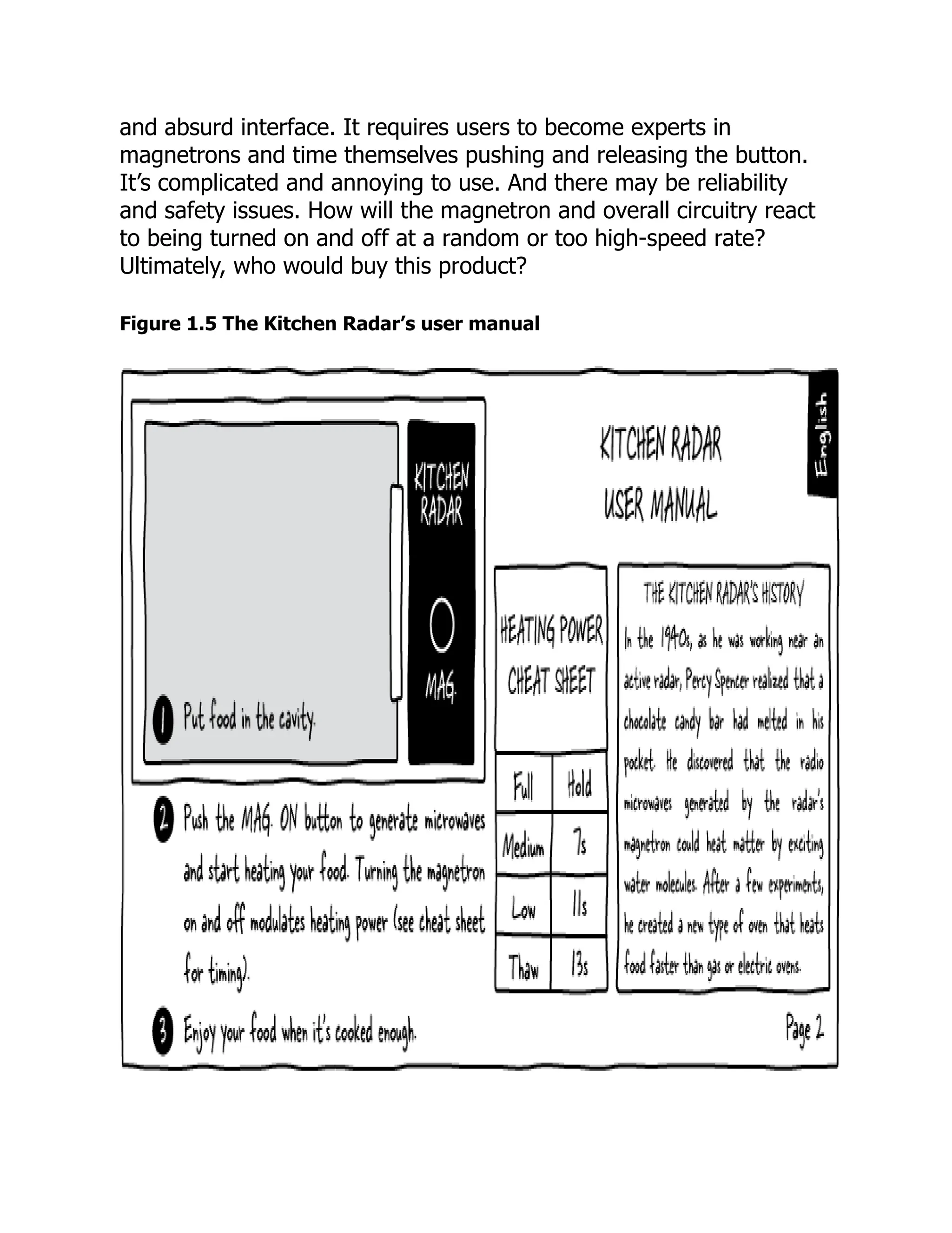 and absurd interface. It requires users to become experts in
magnetrons and time themselves pushing and releasing the button.
It’s complicated and annoying to use. And there may be reliability
and safety issues. How will the magnetron and overall circuitry react
to being turned on and off at a random or too high-speed rate?
Ultimately, who would buy this product?
Figure 1.5 The Kitchen Radar’s user manual
 