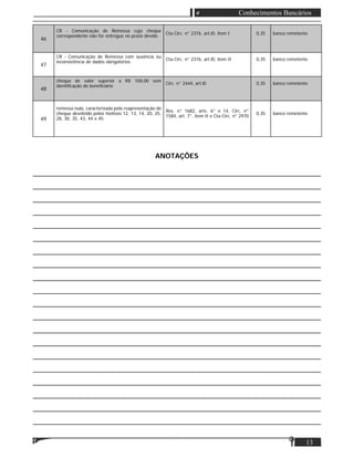 13
Conhecimentos Bancários
46
CR - Comunicação de Remessa cujo cheque
correspondente não for entregue no prazo devido
Cta-Circ. n° 2376, art.l0, item I 0,35 banco remetente
47
CR - Comunicação de Remessa com ausência ou
inconsistência de dados obrigatórios
Cta-Circ. n° 2376, art.l0, item II 0,35 banco remetente
48
cheque de valor superior a R$ 100,00 sem
identiﬁcação do beneﬁciário
Circ. n° 2444, art.l0 0,35 banco remetente
49
remessa nula, caracterizada pela reapresentação de
cheque devolvido pelos motivos 12, 13, 14, 20, 25,
28, 30, 35, 43, 44 e 45
Res. n° 1682, arts. 6° e 14, Circ. n°
1584, art. 7°, item II e Cta-Circ. n° 2970
0,35 banco remetente
ANOTAÇÕES
____________________________________________________________________________
____________________________________________________________________________
____________________________________________________________________________
____________________________________________________________________________
____________________________________________________________________________
____________________________________________________________________________
____________________________________________________________________________
____________________________________________________________________________
____________________________________________________________________________
____________________________________________________________________________
____________________________________________________________________________
____________________________________________________________________________
____________________________________________________________________________
____________________________________________________________________________
____________________________________________________________________________
____________________________________________________________________________
____________________________________________________________________________
____________________________________________________________________________
____________________________________________________________________________
____________________________________________________________________________
 