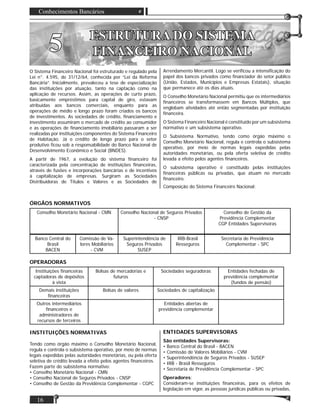 Conhecimentos Bancários
16
ESTRUTURA DO SISTEMAESTRUTURA DO SISTEMA
FINANCEIRO NACIONALFINANCEIRO NACIONAL
O Sistema Financeiro Nacional foi estruturado e regulado pela
Lei n°. 4.595, de 31/12/64, conhecida por “Lei da Reforma
Bancária”. Inicialmente, prevaleceu a tese de especialização
das instituições por atuação, tanto na captação como na
aplicação de recursos. Assim, as operações de curto prazo,
basicamente empréstimos para capital de giro, estavam
atribuídas aos bancos comerciais, enquanto para as
operações de médio e longo prazo foram criados os bancos
de investimentos. As sociedades de crédito, ﬁnanciamento e
investimento assumiram o mercado de crédito ao consumidor
e as operações de ﬁnanciamento imobiliário passaram a ser
realizadas por instituições componentes do Sistema Financeiro
de Habitação. Já o crédito de longo prazo para o setor
produtivo ﬁcou sob a responsabilidade do Banco Nacional de
Desenvolvimento Econômico e Social (BNDES).
A partir de 1967, a evolução do sistema ﬁnanceiro foi
caracterizada pela concentração de instituições ﬁnanceiras,
através de fusões e incorporações bancárias e de incentivos
à capitalização de empresas. Surgiram as Sociedades
Distribuidoras de Títulos e Valores e as Sociedades de
Arrendamento Mercantil. Logo se veriﬁcou a intensiﬁcação do
papel dos bancos privados como ﬁnanciador do setor público
(União, Estados, Municípios e Empresas Estatais), situação
que permanece até os dias atuais.
O Conselho Monetário Nacional permitiu que os intermediários
ﬁnanceiros se transformassem em Bancos Múltiplos, que
englobam atividades até então segmentadas por instituição
ﬁnanceira.
O Sistema Financeiro Nacional é constituído por um subsistema
normativo e um subsistema operativo.
O Subsistema Normativo, tendo como órgão máximo o
Conselho Monetário Nacional, regula e controla o subsistema
operativo, por meio de normas legais expedidas pelas
autoridades monetárias, ou pela oferta seletiva de crédito
levada a efeito pelos agentes ﬁnanceiros.
O subsistema operativo é constituído pelas instituições
ﬁnanceiras públicas ou privadas, que atuam no mercado
ﬁnanceiro.
Composição do Sistema Financeiro Nacional:
Conselho Monetário Nacional - CMN Conselho Nacional de Seguros Privados
- CNSP
Conselho de Gestão da
Previdência Complementar
CGP Entidades Supervisoras
Banco Central do
Brasil
BACEN
Comissão de Va-
lores Mobiliários
- CVM
Superintendência de
Seguros Privados
SUSEP
IRB-Brasil
Resseguros
Secretaria de Previdência
Complementar - SPC
ÓRGÃOS NORMATIVOS
OPERADORAS
Instituições ﬁnanceiras
captadoras de depósitos
à vista
Bolsas de mercadorias e
futuros
Sociedades seguradoras Entidades fechadas de
previdência complementar
(fundos de pensão)
Demais instituições
ﬁnanceiras
Bolsas de valores Sociedades de capitalização
Outros intermediários
ﬁnanceiros e
administradores de
recursos de terceiros
Entidades abertas de
previdência complementar
INSTITUIÇÕES NORMATIVAS
Tendo como órgão máximo o Conselho Monetário Nacional,
regula e controla o subsistema operativo, por meio de normas
legais expedidas pelas autoridades monetárias, ou pela oferta
seletiva de crédito levada a efeito pelos agentes ﬁnanceiros.
Fazem parte do subsistema normativo:
• Conselho Monetário Nacional - CMN
• Conselho Nacional de Seguros Privados - CNSP
• Conselho de Gestão da Previdência Complementar - CGPC
ENTIDADES SUPERVISORAS
São entidades Supervisoras:
• Banco Central do Brasil - BACEN
• Comissão de Valores Mobiliários - CVM
• Superintendência de Seguros Privados - SUSEP
• IRB - Brasil Resseguros
• Secretaria de Previdência Complementar - SPC
Operadores:
Consideram-se instituições ﬁnanceiras, para os efeitos de
legislação em vigor, as pessoas jurídicas públicas ou privadas,
55
 