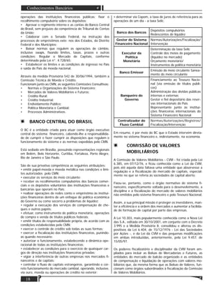 18
Conhecimentos Bancários
operações das instituições ﬁnanceiras públicas; ﬁxar o
recolhimento compulsório sobre os depósitos;
• Aprovar o regimento interno e as contas do Banco Central
do Brasil, sem prejuízo da competência do Tribunal de Contas
da União;
• Colaborar com o Senado Federal, na instrução dos
processos de empréstimos exte: nos dos Estados, do Distrito
Federal e dos Municípios;
• Baixar normas que regulem as operações de câmbio,
inclusive swaps, ﬁxando limites, taxas, prazos e outras
condições; Regular o Mercado de Capitais, conforme
determinado pela Lei n°. 4.728/65;
• Estabelecer os limites e as condições de ingresso no País
e saída do País da moeda nacional.
Através da medida Provisória 542 de 30/06/1994, também a
Comissão Técnica de Moeda e Crédito.
Funcionam junto ao CMN, as seguintes Comissões Consultivas:
• Normas e Organizações do Sistema Financeiro;
• Mercados de Valores Mobiliários e Futuros;
• Crédito Rural;
• Crédito Industrial;
• Endividamento Público;
• Política Monetária e Cambial;
• Processos Administrativos.
BANCO CENTRAL DO BRASIL
O BC é a entidade criada para atuar como órgão executivo
central do sistema ﬁnanceiro, cabendo-lhe a responsabilida-
de de cumprir e fazer cumprir as disposições que regulam o
funcionamento do sistema e as normas expedidas pelo CMN.
Está sediado em Brasília, possuindo representações regionais
em Belém, Belo Horizonte, Curitiba, Fortaleza, Porto Alegre,
Rio de Janeiro e São Paulo.
São de sua privativa competência as seguintes atribuições:
• emitir papel-moeda e moeda metálica nas condições e limi-
tes autorizados pelo CMN;
• executar os serviços do meio circulante;
• receber os recolhimentos compulsórios dos bancos comer-
ciais e os depósitos voluntários das instituições ﬁnanceiras e
bancárias que operam no País;
• realizar operações de redes conto e empréstimo às institui-
ções ﬁnanceiras dentro de um enfoque de política econômica
do Governo ou como socorro a problemas de liquidez;
• regular a execução dos serviços de compensação de che-
ques e outros papéis;
• efetuar, como instrumento de política monetária, operações
de compra e venda de títulos públicos federais;
• emitir títulos de responsabilidade própria, de acordo com as
condições estabelecidas pelo CMN;
• exercer o controle de crédito sob todas as suas formas;
• exercer a ﬁscalização das instituições ﬁnanceiras, punindo-
as quando necessário;
• autorizar o funcionamento, estabelecendo a dinâmica ope-
racional de todas as instituições ﬁnanceiras;
• estabelecer as condições para o exercício de quaisquer car-
gos de direção nas instituições ﬁnanceiras privadas;
• vigiar a interferência de outras empresas nos mercados ﬁ-
nanceiros e de capitais;
• controlar o ﬂuxo de capitais estrangeiros, garantindo o cor-
reto funcionamento do mercado cambial, operando, inclusive,
via ouro, moeda ou operações de crédito no exterior;
• determinar via Copom, a taxa de juros de referência para as
operações de um dia - a taxa Selic.
Banco dos Bancos
Depósitos compulsórios
Redescontos de liquidez
Gestor do Sistema
Financeiro Nacional
Normas/Autorizações/Fiscalização/
Intervenção
Executor da
Política
Monetária
Determinação da taxa Selic
Controle dos meios de pagamento
(liquidez no mercado)
Orçamento monetário/
Instrumentos de política monetária
Banco Emissor
Emissão do meio circulante Sanea-
mento do meio circulante
Banqueiro do
Governo
Financiamento ao Tesouro Nacio-
nal (via emissão de títulos públi-
cos)
Administração das dívidas públicas
internas e externas
Gestor e ﬁel depositário das reser-
vas internacionais do País
Representante junto às institui-
ções ﬁnanceiras internacionais do
Sistema Financeiro Nacional
Centralizador do
Fluxo Cambial
Normas/Autorizações/Registros/
Fiscalização/lntervenção
Em resumo, é por meio do BC que o Estado intervém direta-
mente no sistema ﬁnanceiro e, indiretamente, na economia.
COMISSÃO DE VALORES
MOBILIÁRIOS
A Comissão de Valores Mobiliários - CVM - foi criada pela Lei
6.385, em 07/12/76, e ﬁcou conhecida como a Lei da CVM,
pois até aquela data faltava uma entidade que absorvesse a
regulação e a ﬁscalização do mercado de capitais, especial-
mente no que se referia às sociedades de capital aberto.
Fixou-se, portanto, como o órgão normativo do sistema ﬁ-
nanceiro, especiﬁcamente voltado para o desenvolvimento, a
disciplina e a ﬁscalização do mercado de valores mobiliários
não emitidos pelo sistema ﬁnanceiro e pelo Tesouro Nacional.
Assim, a sua principal missão é proteger os investidores, man-
ter a eﬁciência e a ordem dos mercados e aumentar a facilida-
de de formação de capital por parte das empresas.
A Lei 10.303, mais popularmente conhecida como a Nova Lei
das S.A., editada em 30/10/2001, em conjunto com o Decreto
3.995 e a Medida Provisória 8, consolidou e alterou os dis-
positivos da Lei 6.404, de 15/12/1976 - Lei das Sociedades
por Ações -, e da Lei da CVM e das pequenas modiﬁcações
em ambas introduzidas, anteriormente, pela Lei 9.457, de
15/05/97.
Os poderes ﬁscalizatório e disciplinador da CVM foram am-
pliados para incluir as Bolsas de Mercadorias e Futuros, as
entidades do mercado de balcão organizado e as entidades
de compensação e liquidação de operações com valores mo-
biliários que, da mesma forma que as Bolsas de Valores, fun-
cionam como órgãos subordinados à ﬁscalização da Comissão
de Valores Mobiliários.
 