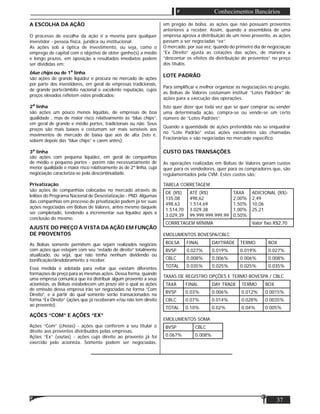 Matéria
37
Conhecimentos Bancários
A ESCOLHA DA AÇÃO
O processo de escolha da ação é a mesma para qualquer
investidor - pessoa física, jurídica ou institucional.
As ações sob a óptica de investimento, ou seja, como o
emprego de capital com o objetivo de obter ganho(s) a médio
e longo prazos, em oposição a resultados imediatos podem
ser divididas em:
blue chips ou de 1a
linha
são ações de grande liquidez e procura no mercado de ações
por parte dos investidores, em geral de empresas tradicionais,
de grande porte/âmbito nacional e excelente reputação, cujos
preços elevados reﬂetem estes predicados;
2a
linha
são ações um pouco menos líquidas, de empresas de boa
qualidade , mas de maior risco relativamente às “blue chips”,
em geral de grande e médio portes, tradicionais ou não. Seus
preços são mais baixos e costumam ser mais sensíveis aos
movimentos de mercado de baixa que aos de alta (isto é,
sobem depois das “blue chips” e caem antes);
3a
linha
são ações com pequena liquidez, em geral de companhias
de médio e pequeno portes - porém não necessariamente de
menor qualidade e maior risco relativamente às de 2ª linha, cuja
negociação caracteriza-se pela descontinuidade.
Privatização
são ações de companhias colocadas no mercado através de
leilões do Programa Nacional de Desestatização - PND. Algumas
das companhias em processo de privatização podem já ter suas
ações negociadas em Bolsas de Valores, antes mesmo daquele
ser completado, tendendo a incrementar sua liquidez após a
conclusão do mesmo.
AJUSTE DO PREÇO À VISTA DA AÇÃO EM FUNÇÃO
DE PROVENTOS
As Bolsas somente permitem que sejam realizados negócios
com ações que estejam com seu “estado de direito” totalmente
atualizado, ou seja, que não tenha nenhum dividendo ou
boniﬁcação/desdobramento a receber.
Essa medida é adotada para evitar que existam diferentes
formações de preço para as mesmas ações. Dessa forma, quando
uma empresa comunica que irá distribuir algum provento a seus
acionistas, as Bolsas estabelecem um prazo até o qual as ações
de emissão dessa empresa irão ser negociadas na forma “Com
Direito”, e a partir do qual somente serão transacionados na
forma “Ex Direito” (ações que já receberam e/ou não tem direito
ao provento).
AÇÕES “COM” E AÇÕES “EX”
Ações “Com” (cheias) - ações que conferem a seu titular o
direito aos proventos distribuídos pelas empresas.
Ações “Ex” (vazias) - ações cujo direito ao provento já foi
exercido pelo acionista. Somente podem ser negociadas,
em pregão de bolsa, as ações que não possuam proventos
anteriores a receber. Assim, quando a assembleia de uma
empresa aprova a distribuição de um novo provento, as ações
passam a ser negociadas “ex”.
O mercado, por sua vez, quando do primeiro dia de negociação
“Ex Direito” ajusta as cotações das ações, de maneira a
“descontar os efeitos da distribuição de proventos” no preço
dos títulos.
LOTE PADRÃO
Para simpliﬁcar e melhor organizar as negociações no pregão,
as Bolsas de Valores costumam instituir “Lotes Padrões” de
ações para a execução das operações.
Isto quer dizer que toda vez que se quer comprar ou vender
uma determinada ação, compra-se ou vende-se um certo
número de “Lotes Padrões”.
Quando a quantidade de ações pretendida não se enquadrar
no “Lote Padrão” estas ações excedentes são chamadas
Fracionárias e são negociadas no mercado especíﬁco.
CUSTO DAS TRANSAÇÕES
As operações realizadas em Bolsas de Valores geram custos
quer para os vendedores, quer para os compradores que, são
regulamentados pela CVM. Estes custos são:
TABELA CORRETAGEM
DE (R$)
135,08
498,63
1.514,70
3.029,39
ATÉ (R$)
498,62
1.514,69
3.029,38
99.999.999.999,99
TAXA
2,00%
1,50%
1,00%
0,50%
ADICIONAL (R$)-
2,49
10,06
25,21
CORRETAGEM MÍNIMA Valor ﬁxo R$2,70
EMOLUMENTOS BOVESPA/CBLC
BOLSA FINAL DAYTRADE TERMO BOX
BVSP 0.027% 0.019% 0.019% 0.027%
CBLC 0.008% 0.006% 0.006% 0.008%
TOTAL 0.035% 0.025% 0.025% 0.035%
TAXAS DE REGISTRO OPÇÕES E TERMO BOVESPA / CBLC
TAXA FINAL DAY TRADE TERMO BOX
BVSP 0.03% 0.006% 0.012% 0.0015%
CBLC 0.07% 0.014% 0.028% 0.0035%
TOTAL 0.10% 0.02% 0.04% 0.005%
EMOLUMENTOS SOMA
BVSP CBLC
0.067% 0.008%
 