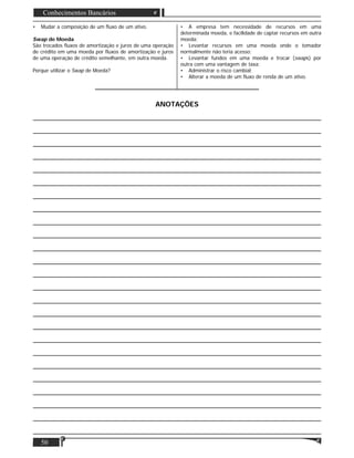 Matéria
50
Conhecimentos Bancários
• Mudar a composição de um ﬂuxo de um ativo.
Swap de Moeda
São trocados ﬂuxos de amortização e juros de uma operação
de crédito em uma moeda por ﬂuxos de amortização e juros
de uma operação de crédito semelhante, em outra moeda.
Porque utilizar o Swap de Moeda?
• A empresa tem necessidade de recursos em uma
determinada moeda, e facilidade de captar recursos em outra
moeda;
• Levantar recursos em uma moeda onde o tomador
normalmente não teria acesso;
• Levantar fundos em uma moeda e trocar (swaps) por
outra com uma vantagem de taxa;
• Administrar o risco cambial;
• Alterar a moeda de um ﬂuxo de renda de um ativo.
ANOTAÇÕES
____________________________________________________________________________
____________________________________________________________________________
____________________________________________________________________________
____________________________________________________________________________
____________________________________________________________________________
____________________________________________________________________________
____________________________________________________________________________
____________________________________________________________________________
____________________________________________________________________________
____________________________________________________________________________
____________________________________________________________________________
____________________________________________________________________________
____________________________________________________________________________
____________________________________________________________________________
____________________________________________________________________________
____________________________________________________________________________
____________________________________________________________________________
____________________________________________________________________________
____________________________________________________________________________
____________________________________________________________________________
____________________________________________________________________________
____________________________________________________________________________
____________________________________________________________________________
____________________________________________________________________________
____________________________________________________________________________
 