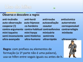 Observa e descobre a regra:
anti-incêndio       anti-herói      antirroubo       antissísmico
auto-observação     auto-hipnose autoavaliação       autorretrato
cooperar (!)        co-herdeiro     coautor          corresponsável
contra-argumento    contra-habitual contraofensiva   contrarrelógio
mini-isqueiro       mini-harpa      minissérie        miniteste
semi-inconsciente   semi-histórico semirreta
ultra-avançado      ultra-humano ultrarrápido        ultrassecreto


Regra: com prefixos ou elementos de
formação (a 1ª parte não é uma palavra),
usa-se hífen entre vogais iguais ou antes de h.
 