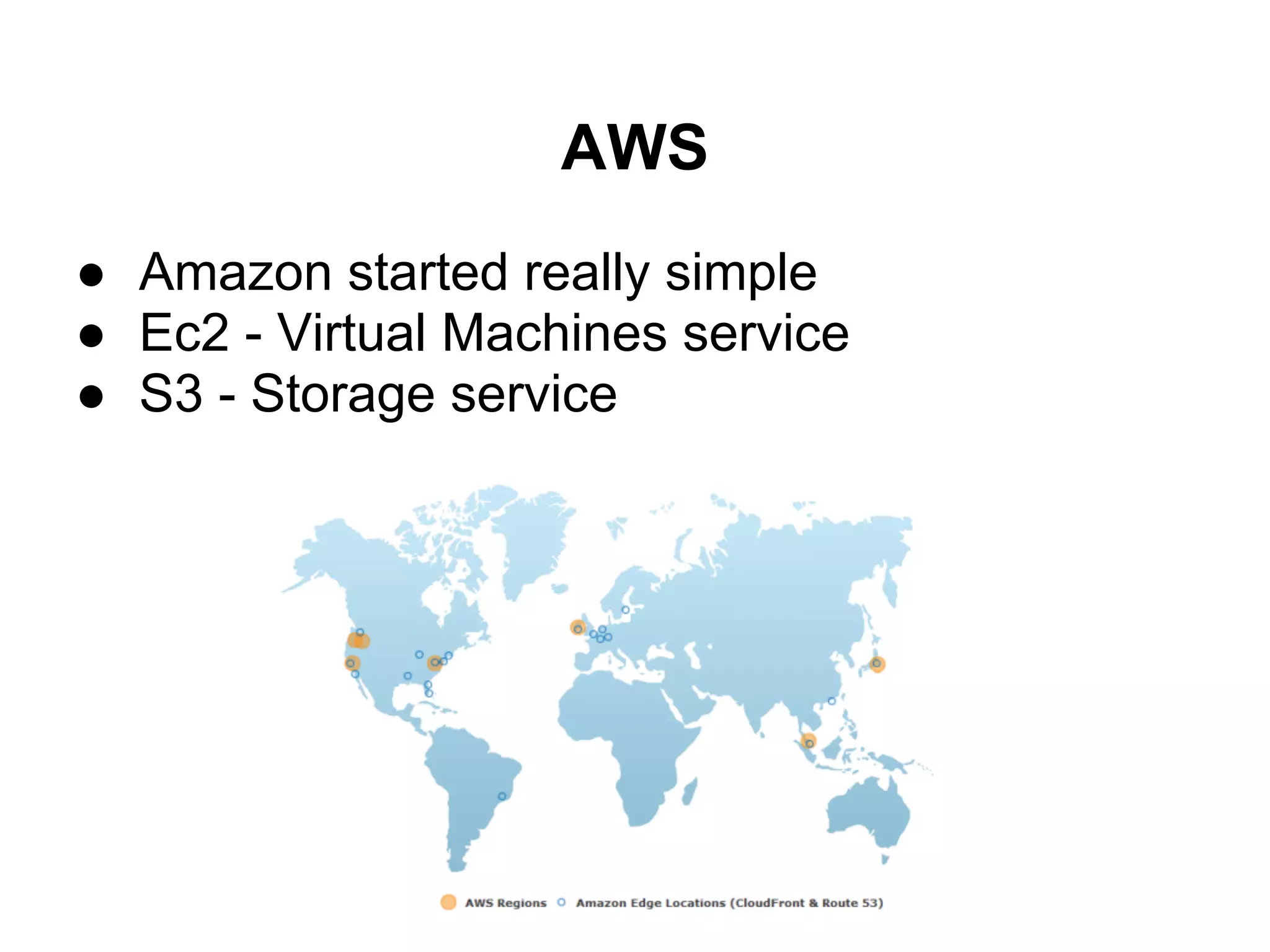 AWS
● Amazon started really simple
● Ec2 - Virtual Machines service
● S3 - Storage service
 