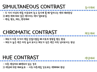 SIMULTANEOUS CONTRAST
- 두 가지 이상의 색을 이웃하여 놓고 동시에 볼 때 일어나는 색의 대비현상
>> 배경 색에 따라 같은 색이여도 색이 달라보임
- 색상, 명도, 채도, 면적대비
HUE CONTRAST
- 다른 색상끼리 배색되어 있는 경우
>> 색상에 의한 대비효과 – 서로 다른색을 강조하는 색채대비 현상
CHROMATIC CONTRAST
- 채도가 다른 두가지 색을 인접시켰을 때 서로의 영향을 받는 현상
- 채도가 높은 색은 더욱 높아 보이고 채도가 낮은 색은 더욱 낮아보이는 현상
동시대비
채도대비
색상대비
 