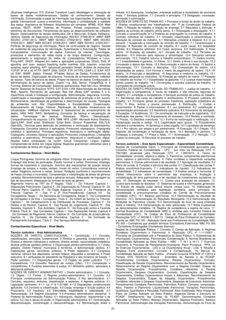21
(Business Intelligence), ETL (Extract Transform Load), Modelagem e otimização de
bases de dados multidimensionais. Gestão do conhecimento: Gestão da
Informação. Conceituação e papel da Informação nas organizações. Implantação da
gestão informacional: custos e benefícios. Informação e confiabilidade: a validade
dos dados. Arquitetura de Software: Arquiteturas em camadas. BPMS. SOA. Web
services. REST. SOAP. Padrões de Projetos. Portais corporativos. Gestão
eletrônica de documentos. Ferramentas de apoio ao desenvolvimento de software:
Maven. Gerenciadores de versão distribuídos (Git e Mercurial). Eclipse. Netbeans.
Jenkins. Gestão de Segurança da Informação: ISO/IEC 27000:2014. ABNT NBR
ISO/IEC 27001:2013. ABNT NBR ISO/IEC 27002:2013. ABNT NBR ISO/IEC
27003:2011. ABNT NBR ISO/IEC 27004:2010. ABNT NBR ISO/IEC 27005:2011.
Políticas de segurança da informação. Plano de continuidade de negócio. Gestão
de incidentes de segurança da informação. Autenticação e Autorização. Redes de
Computadores: Comunicação de dados. Estrutura da internet. Tecnologias,
protocolos e elementos de redes locais e de longa distância. Configuração,
gerenciamento e segurança de redes de computadores Windows e Linux.
Proxy.NAT. DHCP. Ataques em redes e aplicações corporativas: DDoS, DoS, IP
spoofing, port scan, session hijacking, buffer overflow, SQL Injection, cross-site
scripting, spear phishing, APT (advanced persistent threat). Análise de protocolos:
TCP/IP, IP v4 e v6, HTTP, SMTP, DNS, DHCP, FTP, HTTPS, LDAP v.3, ICAP, NTP
v4, EAP. SNMP. Zabbix. Firewall. IPTables. Banco de Dados: Fundamentos de
banco de dados. Organização de arquivos. Técnicas de armazenamento. métodos
de acesso. Tipos de bancos de dados. Projeto de bancos de dados. Configuração e
administração de banco de dados. Oracle 11g. SQL Server. PostgreSQL 9. 4
Tunning. Sistema de Computação: Sistemas operacionais. Red Hat Linux. Windows
Server. Sistemas de Arquivos. NTFS. EXT 2/3/4. LVM. Administração de Servidores
Web. Apache. Servidores de aplicação Red Hat JBoss EAP versões 5 e 6,
Zope/Plone versão 4 Instalação e configuração. Administração, segurança, tunning,
clusterização e mensageria. Implantação de ambientes de produção e em nuvem.
Monitoramento, identificação de problemas e determinação de causas. Tipologias
de ambientes com Alta Disponibilidade e Escalabilidade. Clusterização.
Balanceamento de Carga. Failover. Replicação de Estados Infraestrutura de
virtualização. VMWare vSphere Versão 5. Subsistemas de armazenamento de
dados. SAN. NAS. RAID. Multipathing. Conceitos de backup e recuperação de
dados. Tecnologias de backup. Robocopy. RSync. Deduplicação.
Compartilhamento de arquivos. CIFS. SMB. NFS. LDAP. Microsoft Active Directory.
OpenLDAP. Shell script. Shellscript. Script Bash. Groovy. Powershell. SSL/TLS.
OpenSSL. Técnicas para detecção de problemas e otimização de desempenho.
Criptografia. Conceitos básicos e aplicações. Protocolos criptográcos. Criptografia
simétrica e assimétrica. Principais algoritmos. Assinatura e certificação digital.
Criptografia. conceitos básicos e aplicações. Protocolos criptográficos. Criptografia
simétrica e assimétrica. Principais algoritmos. Assinatura e certificação digital.
Noções sobre computação na nuvem (Cloud Computing). Língua Inglesa:
Compreensão de textos em língua inglesa. Aspectos gramaticais relevantes para a
compreensão de textos em língua inglesa.
Conhecimentos Básicos – Nível Médio
Língua Portuguesa: Domínio da ortografia oficial. Emprego da acentuação gráfica.
Emprego dos sinais de pontuação. Flexão nominal e verbal. Pronomes: emprego,
formas de tratamento e colocação. Domínio dos mecanismos de coesão textual.
Emprego de tempos e modos verbais. Vozes do verbo. Concordância nominal e
verbal. Regência nominal e verbal. Sintaxe. Redação (confronto e reconhecimento
de frases corretas e incorretas). Compreensão e interpretação de textos de gêneros
variados. Reconhecimento de tipos e gêneros textuais. Adequação da linguagem ao
tipo de documento. Adequação do formato do texto ao gênero.
Regimento Interno do TRT da 3
a
Região: Título I - Do Tribunal: Capítulo I -
Disposições Preliminares; Capítulo II - Da Organização do Tribunal; Capítulo III - Do
Tribunal Pleno; Capítulo IV - Do Órgão Especial; Capítulo V - Do Presidente do
Tribunal; Capítulo VI - Das 1ª e 2ª Vice-Presidências; Capítulo VII - Da
Corregedoria: Seção I - Da Secretaria da Corregedoria, Seção II - Da Competência
do Corregedor e do Vice – Corregedor. Título II - Da Ordem de Serviço no Tribunal:
Capítulo I - Do Cadastramento e da Distribuição de Processos; Capítulo II - Do
Relator e do Revisor; Capítulo III - Das Pautas de Julgamento; Capítulo IV - Das
Sessões; Capítulo V - Dos Acórdãos; Capítulo VI - Da Execução contra a Fazenda
Pública. Título IV - Das Comissões: Capítulo I - Das Disposições Gerais; Capítulo II
- Da Comissão de Regimento Interno; Capítulo III - Da Comissão de Jurisprudência;
Capítulo IV - Da Comissão de Informática; Capítulo V - Da Comissão de
Planejamento Estratégico. Título V - Dos Serviços Administrativos.
Conhecimentos Específicos – Nível Médio
Técnico Judiciário – Área Administrativa
NOÇÕES DE DIREITO CONSTITUCIONAL: 1 Constituição. 1.1 Conceito,
classificações, princípios fundamentais. 2 Direitos e garantias fundamentais. 2.1
Direitos e deveres individuais e coletivos, direitos sociais, nacionalidade, cidadania,
direitos políticos, partidos políticos. 3 Organização político-administrativa. 3.1 União,
estados, Distrito Federal, municípios e territórios. 4 Administração pública. 4.1
Disposições gerais, servidores públicos. 5 Poder legislativo. 5.1 Congresso
nacional, câmara dos deputados, senado federal, deputados e senadores. 6 Poder
executivo. 6.1 atribuições do presidente da República e dos ministros de Estado. 7
Poder judiciário. 7.1 Disposições gerais. 7.2 Órgãos do poder judiciário. 7.2.1
Competências. 7.3 Conselho Nacional de Justiça (CNJ). 7.3.1 Composição e
competências. 8 Funções essenciais à justiça. 8.1 Ministério público, advocacia e
defensoria públicas.
NOÇÕES DE DIREITO ADMINISTRATIVO: 1 Direito administrativo. 1.1 Conceito.
1.2 Objeto. 1.3 Fontes. 2 Regime jurídico-administrativo. 2.1 Conceito. 2.2
Princípios constitucionais da Administração Pública. 3 Ato administrativo. 3.1
Conceito, requisitos, atributos, classificação e espécies. 4 Agentes públicos. 4.1
Legislação pertinente. 4.1.1 Lei nº 8.112/1990. 4.1.2 Disposições constitucionais
aplicáveis. 4.2 Conceito e classificação. 4.3 Cargo, emprego e função pública. 4.4
Provimento. 4.5 Vacância. 4.6 Efetividade, estabilidade e vitaliciedade. 4.7
Remuneração. 4.8 Regime Disciplinar. 4.9 Processo administrativo disciplinar. 5
Poderes da Administração Pública. 5.1 Hierárquico, disciplinar, regulamentar e de
polícia. 5.2 Uso e abuso do poder. 6 Organização administrativa. 6.1 Centralização,
descentralização, concentração e desconcentração. 6.2 Administração direta e
indireta. 6.3 Autarquias, fundações, empresas públicas e sociedades de economia
mista. 7 Serviços públicos. 7.1 Conceito e princípios. 7.2 Delegação: concessão,
permissão e autorização.
NOÇÕES DE DIREITO DO TRABALHO: 1 Princípios e fontes do direito do trabalho.
2 Direitos constitucionais dos trabalhadores (Art. 7º da Constituição Federal de
1988). 3 Relação de trabalho e relação de emprego. 3.1 Requisitos e distinção. 4
Sujeitos do contrato de trabalho stricto sensu. 4.1 Empregado e empregador. 4.1.1
Conceito e caracterização. 4.1.2 Poderes do empregador no contrato de trabalho. 5
Contrato individual de trabalho. 5.1 Conceito, classificação e características. 6
Alteração do contrato de trabalho. 6.1 Alterações unilateral e bilateral. 6.2 O jus
variandi. 7 Suspensão e interrupção do contrato de trabalho. 7.1 Caracterização e
distinção. 8 Rescisão do contrato de trabalho. 8.1 Justa causa. 8.2 despedida
indireta. 8.3 Dispensa arbitrária. 8.4 Culpa recíproca. 8.5 Indenização. 9 Aviso
prévio. 10 Duração do trabalho. 10.1 Jornada de trabalho. 10.2 Períodos de
descanso. 10.3 Intervalo para repouso e alimentação. 10.4 Descanso semanal
remunerado. 10.5 Trabalho noturno e trabalho extraordinário. 11 Salário-mínimo.
11.1 Irredutibilidade e garantia. 12 Férias. 12.1 Direito a férias e sua duração. 12.2
Concessão e época das férias. 12.3 Remuneração e abono de férias. 13 Salário e
remuneração. 13.1 Conceito e distinções. 13.2 Composição do salário. 13.3
Modalidades de salário. 13.4 Formas e meios de pagamento do salário. 13.5 13º
salário. 14 Prescrição e decadência. 15 Segurança e medicina no trabalho. 15.1
Atividades perigosas ou insalubres. 16 Proteção ao trabalho do menor. 17 Proteção
ao trabalho da mulher. 17.1 Estabilidade da gestante. 17.2 Licença-maternidade. 18
Direito coletivo do trabalho. 18.1 Convenções e acordos coletivos de trabalho. 19
Comissões de conciliação prévia.
NOÇÕES DE DIREITO PROCESSUAL DO TRABALHO: 1 Justiça do trabalho. 1.1
Organização e competência. 2 Varas do trabalho e dos tribunais regionais do
trabalho. 2.1 Jurisdição e competência. 3 Serviços auxiliares da justiça do trabalho.
3.1 Secretarias das varas do trabalho e distribuidores. 4 Processo judiciário do
trabalho. 4.1 Princípios gerais do processo trabalhista (aplicação subsidiária do
CPC). 5 Atos, termos e prazos processuais. 6 Distribuição. 7 Custas e
emolumentos. 8 Partes e procuradores. 8.1 Jus postulandi. 8.2 substituição e
representação processuais. 8.3 Assistência judiciária. 8.4 Honorários de advogado.
9 Exceções. 10 Audiências. 10.1 De conciliação, de instrução e de julgamento. 10.2
Notificação das partes. 10.3 Arquivamento do processo. 10.4 Revelia e confissão.
11 Provas. 12 Dissídios individuais. 12.1 Forma de reclamação e notificação. 12.2
Reclamação escrita e verbal. 12.3 Legitimidade para ajuizar. 13 Procedimento
ordinário e sumaríssimo. 14 Sentença e coisa julgada. 14.1 Liquidação da sentença.
14.1.1 Por cálculo, por artigos e por arbitramento. 15 Execução. 15.1 Citação. 15.2
Depósito da condenação e nomeação de bens. 15.3 Mandado e penhora. 16
Embargos à execução. 17 Praça e leilão. 17.1 Arrematação. 17.2 Remição. 17.3
Custas na execução. 18 Recursos no processo do trabalho.
Técnico Judiciário – Área Apoio Especializado – Especialidade Contabilidade
Noções de Contabilidade Geral: 1. Princípios de contabilidade aprovados pelo
Conselho Federal de Contabilidade - CFC - por meio da Resolução CFC nº
750/1993, atualizada pela Resolução CFC nº 1.282/2010. 2. Teoria da
Contabilidade: conceito, objetivo e objeto. 3. Patrimônio: componentes patrimoniais
(ativo, passivo e patrimônio líquido). 4. Fatos contábeis e respectivas variações
patrimoniais. 5. Contas patrimoniais e de resultado. 5.1 Apuração de resultados. 5.2
Plano de contas. 6. Funções e estrutura das contas. 6.1 Classificação das contas 7.
Análise econômico-financeira. 7.1 Indicadores de liquidez. 7.2 Indicadores de
rentabilidade. 7.3 Indicadores de lucratividade. 7.4 Análise vertical e horizontal. 8.
Efeitos inflacionários sobre o patrimônio das empresas. 9. Avaliação e
contabilização de itens patrimoniais e de resultado de investimentos societários no
país. 10. Destinação de resultado. 11. Custos para avaliação de estoques. 12.
Custos para tomada de decisões. 13. Sistemas de custos e informações gerenciais.
14. Estudo da relação custo versus volume versus lucro. 15. Elaboração de
demonstrações contábeis pela legislação societária, pelos princípios da
contabilidade e pronunciamentos contábeis do Comitê de Pronunciamentos
Contábeis (CPC). 15.1 Balanço patrimonial. 15.2 Demonstração do resultado do
exercício. 15.3 Demonstração do Resultado Abrangente 15.4 Demonstração das
Mutações do Patrimônio Líquido 15.5 Demonstração do fluxo de caixa (métodos
direto e indireto). 15.6 Demonstração do valor adicionado. 15.7 Notas Explicativas
as demonstrações contábeis. 16. Regime de competência e regime de caixa. 17.
Normas Brasileiras de Contabilidade (NBC´s) emitidas pelo Conselho Federal de
Contabilidade (CFC). 18. Código de Ética do Profissional da Contabilidade:
Resoluções CFC: nº 803/96 E 1.307/10 - Código de Ética Profissional do Contador;
e ainda as: NBC PG 100 – Aplicação Geral aos Profissionais da Contabilidade; NBC
PG 200 – Contadores que prestam serviços (Contadores Externos)e; NBC PG 300
– Contadores Empregados (Contadores Internos).
Noções de Contabilidade Pública: 1. Conceito. 2. Campo de Aplicação. 3. Regimes
Contábeis: Orçamentário e Patrimonial. 4. Resolução CFC nº 1.111/2007 -
Princípios de Contabilidade sob a Perspectiva do Setor Público. 5. Subsistemas de
Informações: Orçamentárias, Patrimoniais, Compensação. 6. Normas Brasileiras de
Contabilidade Aplicadas ao Setor Público – NBC – T 16.1 a 16.11. 7. Exercício
Financeiro. 8. Processo de Planejamento-Orçamento: Plano Plurianual - PPA, Lei
de Diretrizes Orçamentárias - LDO e Lei Orçamentária Anual - LOA. 9. Receita e
Despesa Extra orçamentária: Conceito e Contabilização. 10. Manual de
Contabilidade Aplicado ao Setor Público - (Portaria Conjunta STN/SOF nº 1/2014 e
Portaria STN 700/2014): Anexos - Ementário da Receita e do PCASP.
Procedimentos Contábeis Orçamentários: Receita Orçamentária: Conceito,
Classificação da Receita Orçamentária, Reconhecimento da Receita Orçamentária,
Relacionamento do Regime Orçamentário com o Regime Contábil, Etapas da
Receita Orçamentária, Procedimentos Contábeis referentes à Receita
Orçamentária. Despesa Orçamentária: Conceito, Classificações da Despesa
Orçamentária, Créditos Orçamentários Iniciais e Adicionais, Reconhecimento da
Despesa Orçamentária, Etapas da Despesa Orçamentária, Procedimentos
Contábeis referentes à Despesa Orçamentária, Despesas de Exercícios Anteriores.
Procedimentos Contábeis Patrimoniais: Patrimônio Público: Conceito, composição,
Ativo, Passivo e Patrimônio Líquido/Saldo Patrimonial. Variações Patrimoniais:
Qualitativa, Quantitativa e Resultado Patrimonial. Ativo Imobilizado. Ativo Intangível.
Plano de Contas Aplicado ao Setor Público: Aspectos Gerais e Estrutura do
PCASP. Detalhamento das Contas do PCASP. Demonstrações Contábeis
Aplicadas ao Setor Público: Balanço Orçamentário. Balanço Financeiro. Balanço
Patrimonial. Demonstração das Variações Patrimoniais. Demonstração do Fluxo de
 