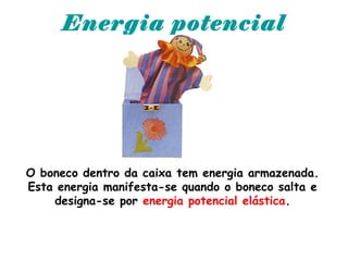 Energia potencial
O boneco dentro da caixa tem energia armazenada.
Esta energia manifesta-se quando o boneco salta e
designa-se por energia potencial elástica.
 