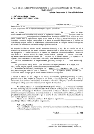 Modelo de Solicitud de Exoneracion Del Curso de Religion-Enero2012-Peru