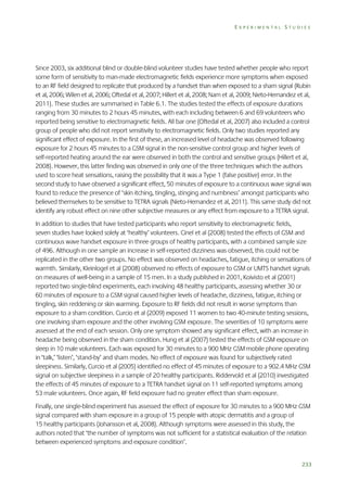 EXPERIMENTAL STUDIES

Since 2003, six additional blind or double-blind volunteer studies have tested whether people who report
some form of sensitivity to man-made electromagnetic fields experience more symptoms when exposed
to an RF field designed to replicate that produced by a handset than when exposed to a sham signal (Rubin
et al, 2006; Wilen et al, 2006; Oftedal et al, 2007; Hillert et al, 2008; Nam et al, 2009; Nieto-Hernandez et al,
2011). These studies are summarised in Table 6.1. The studies tested the effects of exposure durations
ranging from 30 minutes to 2 hours 45 minutes, with each including between 6 and 69 volunteers who
reported being sensitive to electromagnetic fields. All bar one (Oftedal et al, 2007) also included a control
group of people who did not report sensitivity to electromagnetic fields. Only two studies reported any
significant effect of exposure. In the first of these, an increased level of headache was observed following
exposure for 2 hours 45 minutes to a GSM signal in the non-sensitive control group and higher levels of
self-reported heating around the ear were observed in both the control and sensitive groups (Hillert et al,
2008). However, this latter finding was observed in only one of the three techniques which the authors
used to score heat sensations, raising the possibility that it was a Type 1 (false positive) error. In the
second study to have observed a significant effect, 50 minutes of exposure to a continuous wave signal was
found to reduce the presence of ‘skin itching, tingling, stinging and numbness’ amongst participants who
believed themselves to be sensitive to TETRA signals (Nieto-Hernandez et al, 2011). This same study did not
identify any robust effect on nine other subjective measures or any effect from exposure to a TETRA signal.
In addition to studies that have tested participants who report sensitivity to electromagnetic fields,
seven studies have looked solely at ‘healthy’ volunteers. Cinel et al (2008) tested the effects of GSM and
continuous wave handset exposure in three groups of healthy participants, with a combined sample size
of 496. Although in one sample an increase in self-reported dizziness was observed, this could not be
replicated in the other two groups. No effect was observed on headaches, fatigue, itching or sensations of
warmth. Similarly, Kleinlogel et al (2008) observed no effects of exposure to GSM or UMTS handset signals
on measures of well-being in a sample of 15 men. In a study published in 2001, Koivisto et al (2001)
reported two single-blind experiments, each involving 48 healthy participants, assessing whether 30 or
60 minutes of exposure to a GSM signal caused higher levels of headache, dizziness, fatigue, itching or
tingling, skin reddening or skin warming. Exposure to RF fields did not result in worse symptoms than
exposure to a sham condition. Curcio et al (2009) exposed 11 women to two 40-minute testing sessions,
one involving sham exposure and the other involving GSM exposure. The severities of 10 symptoms were
assessed at the end of each session. Only one symptom showed any significant effect, with an increase in
headache being observed in the sham condition. Hung et al (2007) tested the effects of GSM exposure on
sleep in 10 male volunteers. Each was exposed for 30 minutes to a 900 MHz GSM mobile phone operating
in ‘talk,’ ‘listen’, ‘stand-by’ and sham modes. No effect of exposure was found for subjectively rated
sleepiness. Similarly, Curcio et al (2005) identified no effect of 45 minutes of exposure to a 902.4 MHz GSM
signal on subjective sleepiness in a sample of 20 healthy participants. Riddervold et al (2010) investigated
the effects of 45 minutes of exposure to a TETRA handset signal on 11 self-reported symptoms among
53 male volunteers. Once again, RF field exposure had no greater effect than sham exposure.
Finally, one single-blind experiment has assessed the effect of exposure for 30 minutes to a 900 MHz GSM
signal compared with sham exposure in a group of 15 people with atopic dermatitis and a group of
15 healthy participants (Johansson et al, 2008). Although symptoms were assessed in this study, the
authors noted that ‘the number of symptoms was not sufficient for a statistical evaluation of the relation
between experienced symptoms and exposure condition’.
233

 