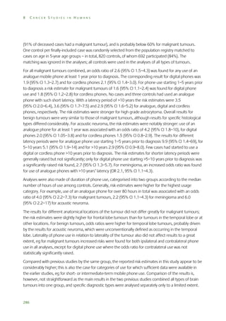 8

CANCER STUDIES IN HUMANS

(91% of deceased cases had a malignant tumour), and is probably below 60% for malignant tumours.
One control per finally-included case was randomly selected from the population registry matched to
cases on age in 5-year age groups – in total, 820 controls, of whom 692 participated (84%). The
matching was ignored in the analyses; all controls were used in the analyses of all types of tumours.
For all malignant tumours combined, an odds ratio of 2.6 (95% CI 1.5–4.3) was found for any use of an
analogue mobile phone at least 1 year prior to diagnosis. The corresponding result for digital phones was
1.9 (95% CI 1.3–2.7) and for cordless phones 2.1 (95% CI 1.4–3.0). For phone use starting 1–5 years prior
to diagnosis a risk estimate for malignant tumours of 1.6 (95% CI 1.1–2.4) was found for digital phone
use and 1.8 (95% CI 1.2–2.8) for cordless phones. No cases and three controls had used an analogue
phone with such short latency. With a latency period of >10 years the risk estimates were 3.5
(95% CI 2.0–6.4), 3.6 (95% CI 1.7–7.5) and 2.9 (95% CI 1.6–5.2) for analogue, digital and cordless
phones, respectively. The risk estimates were stronger for high grade astrocytoma. Overall results for
benign tumours were very similar to those of malignant tumours, although results for specific histological
types differed considerably. For acoustic neuroma, the risk estimates were notably stronger: use of an
analogue phone for at least 1 year was associated with an odds ratio of 4.2 (95% CI 1.8–10), for digital
phones 2.0 (95% CI 1.05–3.8) and for cordless phones 1.5 (95% CI 0.8–2.9). The results for different
latency periods were for analogue phone use starting 1–5 years prior to diagnosis 9.9 (95% CI 1.4–69), for
5–10 years 5.1 (95% CI 1.9–14) and for >10 years 2.9 (95% CI 0.9–8.0). Few cases had started to use a
digital or cordless phone >10 years prior to diagnosis. The risk estimates for shorter latency periods were
generally raised but not significantly; only for digital phone use starting >5–10 years prior to diagnosis was
a significantly raised risk found, 2.7 (95% CI 1.3–5.7). For meningioma, an increased odds ratio was found
for use of analogue phones with >10 years’ latency (OR 2.1, 95% CI 1.1–4.3).
Analyses were also made of duration of phone use, categorised into two groups according to the median
number of hours of use among controls. Generally, risk estimates were higher for the highest usage
category. For example, use of an analogue phone for over 80 hours in total was associated with an odds
ratio of 4.0 (95% CI 2.2–7.3) for malignant tumours, 2.2 (95% CI 1.1–4.3) for meningioma and 6.0
(95% CI 2.2–17) for acoustic neuroma.
The results for different anatomical locations of the tumour did not differ greatly for malignant tumours;
the risk estimates were slightly higher for frontal lobe tumours than for tumours in the temporal lobe or at
other locations. For benign tumours, odds ratios were higher for temporal lobe tumours, probably driven
by the results for acoustic neuroma, which were unconventionally defined as occurring in the temporal
lobe. Laterality of phone use in relation to laterality of the tumour also did not affect results to a great
extent, eg for malignant tumours increased risks were found for both ipsilateral and contralateral phone
use in all analyses, except for digital phone use where the odds ratio for contralateral use was not
statistically significantly raised.
Compared with previous studies by the same group, the reported risk estimates in this study appear to be
considerably higher; this is also the case for categories of use for which sufficient data were available in
the earlier studies, eg for short- or intermediate-term mobile phone use. Comparison of the results is,
however, not straightforward as the main results in the two previous studies combined all types of brain
tumours into one group, and specific diagnostic types were analysed separately only to a limited extent.

286

 