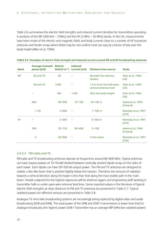 2

EXPOSURES, INTERACTION MECHANISMS, DOSIMETRY AND SOURCES

Table 2.6 summarises the electric field strengths and induced current densities for transmitters operating
in portions of the MF (300 kHz – 3 MHz) and the HF (3 MHz – 30 MHz) bands. In the UK, measurements
have been made of the electric and magnetic fields and body currents close to a number of HF broadcast
antennas and feeder arrays where fields may be non-uniform and can vary by a factor of two over the
body height (Allen et al, 1994).
TABLE 2.6 Examples of electric field strength and induced current around MF and HF broadcasting antennas
Band

Average transmit Electric
Induced
power (kW)
field (V m–1) current (mA)

MF

Distance from source

Study

50 and 70

60

–

Beneath the antenna
feeders

Allen et al, 1994
(UK)

50 and 70

1500

–

1.5 m from the half-wave
vertical antenna mast

Allen et al, 1994
(UK)

<100

Over the body height

Allen et al, 1994
(UK)

10–100 m

Jokela et al, 1994
(Finland)

–

<60

600
1–50
HF

40–500

10–100
–

1–100 m

Mantiply et al, 1997
(USA)

2–200

–

3–800

–

0–300 m

Mantiply et al, 1997
(USA)

5–100

Jokela et al, 1994
(Finland)

500

35–120

4

60–900

50–400
–

In the tower

Mantiply et al, 1997
(USA)

2.4.2.2 FM radio and TV
FM radio and TV broadcasting antennas operate at frequencies around 80–800 MHz. Typical antennas
can have output powers of 10–50 kW divided between vertically stacked dipole arrays on the sides of
each tower. Each dipole can have 50–500 W output power. The FM and TV antennas are designed to
radiate a disc-like beam that is pointed slightly below the horizon. Therefore the amount of radiation
towards a vertical direction along the tower is less than that along the inaccessible path in the main
beam. People subjected to the highest exposures will be antenna riggers and engineering staff working in
transmitter halls or under open-wire antenna feed lines. Some reported values in the literature of typical
electric field strengths at close distances to FM and TV antennas are presented in Table 2.7. Typical
radiated powers for different services are presented in Table 2.8.
Analogue TV and radio broadcasting systems are increasingly being replaced by digital video and audio
broadcasting (DVB and DAB). The total power of the DAB and DVB-T transmissions is lower than that for
analogue broadcasts; the highest power DVB-T transmitter has an average ERP (effective radiated power)

38

 