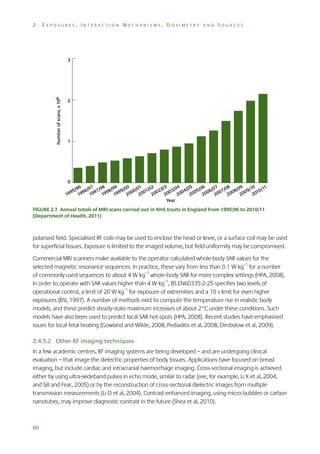 2

EXPOSURES, INTERACTION MECHANISMS, DOSIMETRY AND SOURCES

FIGURE 2.7 Annual totals of MRI scans carried out in NHS trusts in England from 1995/96 to 2010/11
(Department of Health, 2011)

polarised field. Specialised RF coils may be used to enclose the head or knee, or a surface coil may be used
for superficial tissues. Exposure is limited to the imaged volume, but field uniformity may be compromised.
Commercial MRI scanners make available to the operator calculated whole-body SAR values for the
selected magnetic resonance sequences. In practice, these vary from less than 0.1 W kg–1 for a number
of commonly used sequences to about 4 W kg–1 whole-body SAR for more complex settings (HPA, 2008).
In order to operate with SAR values higher than 4 W kg–1, BS EN60335-2-25 specifies two levels of
operational control, a limit of 20 W kg–1 for exposure of extremities and a 10 s limit for even higher
exposures (BSI, 1997). A number of methods exist to compute the temperature rise in realistic body
models, and these predict steady-state maximum increases of about 2°C under these conditions. Such
models have also been used to predict local SAR hot-spots (HPA, 2008). Recent studies have emphasised
issues for local fetal heating (Gowland and Wilde, 2008; Pediaditis et al, 2008; Dimbylow et al, 2009).
2.4.5.2 Other RF imaging techniques
In a few academic centres, RF imaging systems are being developed – and are undergoing clinical
evaluation – that image the dielectric properties of body tissues. Applications have focused on breast
imaging, but include cardiac and intracranial haemorrhage imaging. Cross-sectional imaging is achieved
either by using ultra-wideband pulses in echo mode, similar to radar (see, for example, Li X et al, 2004,
and Sill and Fear, 2005) or by the reconstruction of cross-sectional dielectric images from multiple
transmission measurements (Li D et al, 2004). Contrast-enhanced imaging, using micro-bubbles or carbon
nanotubes, may improve diagnostic contrast in the future (Shea et al, 2010).

60

 