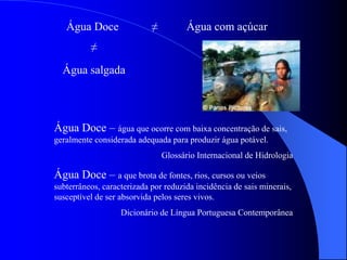 Água Doce
≠
≠ Água com açúcar
Água salgada
Água Doce – água que ocorre com baixa concentração de sais,
geralmente considerada adequada para produzir água potável.
Glossário Internacional de Hidrologia
Água Doce – a que brota de fontes, rios, cursos ou veios
subterrâneos, caracterizada por reduzida incidência de sais minerais,
susceptível de ser absorvida pelos seres vivos.
Dicionário de Língua Portuguesa Contemporânea
 