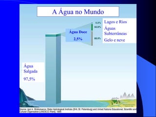 A Água no Mundo
Lagos e Rios
Águas
Subterrâneas
Gelo e neve
Água
Salgada
97,5%
Água Doce
2,5%
 