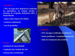 Agricultura
• 70% da água doce disponível é utilizada
na agricultura, no entanto devido a
sistemas de irrigação deficientes 60% é
desperdiçada
• águas subterrâneas (Ex:Índia)
• técnicas tradicionais
• uso de pesticidas
Cambodja
Indústria
• 22% da água é utilizada na indústria
• maior problema é a poluição industrial
• falta de tratamento dos resíduos
Energia
• produção de electricidade
• regulação dos caudais dos rios
• ameaça dos ecossistemas
 