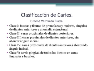 Clasificación de Caries.
Greene Vardiman Black.
• Clase I: fosetas y fisuras de premolares y molares, cíngulos
de dientes anteriores y anomalía estructural.
• Clase II: caras proximales de dientes posteriores.
• Clase III: caras proximales de dientes anteriores, sin
abarcar ángulo incisal.
• Clase IV: caras proximales de dientes anteriores abarcando
ángulo incisal.
• Clase V: tercio gingival de todos los dientes en caras
linguales y bucales.
 