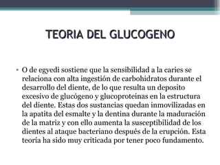 TEORIA DEL GLUCOGENOTEORIA DEL GLUCOGENO
• O de egyedi sostiene que la sensibilidad a la caries se
relaciona con alta ingestión de carbohidratos durante el
desarrollo del diente, de lo que resulta un deposito
excesivo de glucógeno y glucoproteinas en la estructura
del diente. Estas dos sustancias quedan inmovilizadas en
la apatita del esmalte y la dentina durante la maduración
de la matriz y con ello aumenta la susceptibilidad de los
dientes al ataque bacteriano después de la erupción. Esta
teoría ha sido muy criticada por tener poco fundamento.
 
