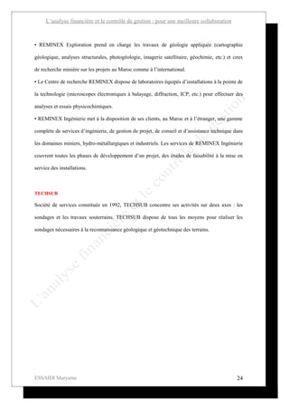 L’analyse financière et le contrôle de gestion : pour une meilleure collaboration



• REMINEX Exploration prend en charge les travaux de géologie appliquée (cartographie

géologique, analyses structurales, photogéologie, imagerie satellitaire, géochimie, etc.) et ceux

de recherche minière sur les projets au Maroc comme à l’international.

• Le Centre de recherche REMINEX dispose de laboratoires équipés d’installations à la pointe de

la technologie (microscopes électroniques à balayage, diffraction, ICP, etc.) pour effectuer des

analyses et essais physicochimiques.

• REMINEX Ingénierie met à la disposition de ses clients, au Maroc et à l’étranger, une gamme

complète de services d’ingénierie, de gestion de projet, de conseil et d’assistance technique dans

les domaines miniers, hydro-métallurgiques et industriels. Les services de REMINEX Ingénierie

couvrent toutes les phases de développement d’un projet, des études de faisabilité à la mise en

service des installations.



TECHSUB

Société de services constituée en 1992, TECHSUB concentre ses activités sur deux axes : les

sondages et les travaux souterrains. TECHSUB dispose de tous les moyens pour réaliser les

sondages nécessaires à la reconnaissance géologique et géotechnique des terrains.




ESSAIDI Maryame                                                                                24
 