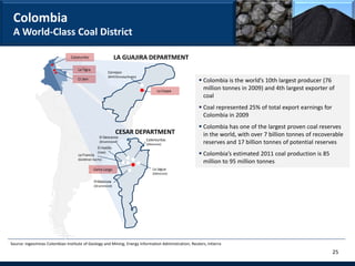 Colombia
 A World-Class Coal District

                                Catatumbo                     LA GUAJIRA DEPARTMENT
                                    La Tigra
                                                          Cerrejon
                                                          (BHP/Xstrata/Anglo)
                                    CI Jam
                                                                                                      Colombia is the world’s 10th largest producer (76
                                                                                       La Caypa
                                                                                                       million tonnes in 2009) and 4th largest exporter of
                                                                                                       coal
                                                                                                      Coal represented 25% of total export earnings for
                                                                                                       Colombia in 2009
                                                                                                      Colombia has one of the largest proven coal reserves
                                                               CESAR DEPARTMENT                        in the world, with over 7 billion tonnes of recoverable
                                                  El Descanso
                                                                                Calenturitas
                                                  (Drummond)
                                                                                (Glencore)             reserves and 17 billion tonnes of potential reserves
                                                 El Hatillo
                                    La Francia
                                                 (Vale)
                                                                                                      Colombia’s estimated 2011 coal production is 85
                                    (Goldman Sachs)
                                                                                                       million to 95 million tonnes
                                               Cerro Largo                          La Jagua
                                                                                    (Glencore)

                                               Pribbenow
                                               (Drummond)




Source: Ingeominas Colombian Institute of Geology and Mining; Energy Information Administration; Reuters; Intierra
                                                                                                                                                           25
 