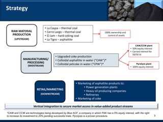 Strategy


                                • La Caypa – thermal coal
   RAW MATERIAL                 • Cerro Largo – thermal coal                       100% ownership and
    PRODUCTION                  • CI Jam – hard coking coal                           control of assets
      (UPSTREAM)                • La Tigra – asphaltite
                                                                                                              CAW/CCW plant
                                                                                                          • 50% equity interest
                                                                                                          • Carried interest for
                                                                                                            50/50 JV
                                         • Upgraded coke production
             MANUFACTURING/              • Colloidal asphaltite in water (“CAW”)*
               PROCESSING
                  (MIDSTREAM)
                                         • Colloidal petcoke in water (“CPW”)*                                 Pyrolysis plant
                                                                                                          • 100% equity interest




                                                           • Marketing of asphaltite products to:
                                                                 • Power generation plants
                         RETAIL/MARKETING                        • Heavy oil producing companies
                            (DOWNSTREAM)                         • Refineries
                                                           • Marketing of coke

                      Vertical integration to secure market access in value-added product streams

*CAW and CCW are technologies being developed by Blue ACF, a company in which PAK has a 5% equity interest, with the right
to increase its investment to 20% pending successful trials. Pyrolysis is a proven procedure.                                      3
 