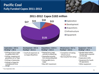 Pacific Coal
 Fully Funded Capex 2011-2012




  Exploration = $10 m         Development = $15 m        Acquisitions = $125 m     Infrastructure = $17 m      Equipment = $15 m
  Pending* = $9 m             Pending* = $2.5 m          Pending* = $15 m          Pending* = $13 m            Pending* = $5 m
  • Drilling at Cerro Largo   • South pit expansion at   • Paying Cerro Largo      • Completion of Coking      • Double body trailers
    to update NI43-101          La Caypa (Royalties)       contract to Masering      Infrastructure              (Trucks were acquired
  • Drilling, mapping and                                • Paying Barranquilla                                   via leasing)
                                                                                   • Barranquilla Port setup
    geophysics at La Tigra                                 Port outstanding debt                               • Exploration drills
  • Drilling in Catatumbo                                • Closing 86% Cerro                                   • Equipment for South
  • Drilling La Caypa for                                  Largo                                                 Pit operations
    underground mine                                     • Blue ACF investment                                 • Other equipment
    design
* As at September 2011
                                                                                                                                     5
 