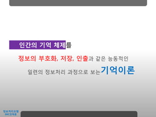 인갂의 기억 체제를

         정보의 부호화, 저장, 인출과 같은 능동적인

                          기억이롞
           일렦의 정보처리 과정으로 보는




정보처리모형
IMC젂략롞
 