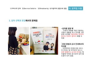 1/서비스의 단계 2/Service Safaris 3/Shadowing 4/사용자의 관점으로 관찰 5/ 문제점 도출
3. 상자 선택과 포장에서의 문제점
-상자를 받을 때
: 우체국 택배를 처음 이용하는
사람은 샘플을 보고 상자를 고른
후에, 상자를 카운터에서 받아야
한다는 안내가 없어서 헤맬 수
있음
.
-포장 방법과 순서 안내에서의
아쉬움
: 우편번호의 변경과 홈 서비스
의 안내는 잘 비치되어 있으나,
포장 방법이나 순서의 안내는 테
이블에 작게만 표시되어 있어 별
도움이 되지 않음.
 