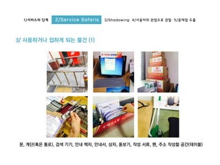 1/서비스의 단계 2/Service Safaris 3/Shadowing 4/사용자의 관점으로 관찰 5/문제점 도출
3/ 사용하거나 접하게 되는 물건 (1)
문, 계단(혹은 통로), 검색 기기, 안내 책자, 안내서, 상자, 돋보기, 작성 서류, 펜, 주소 작성할 공간(테이블)
 