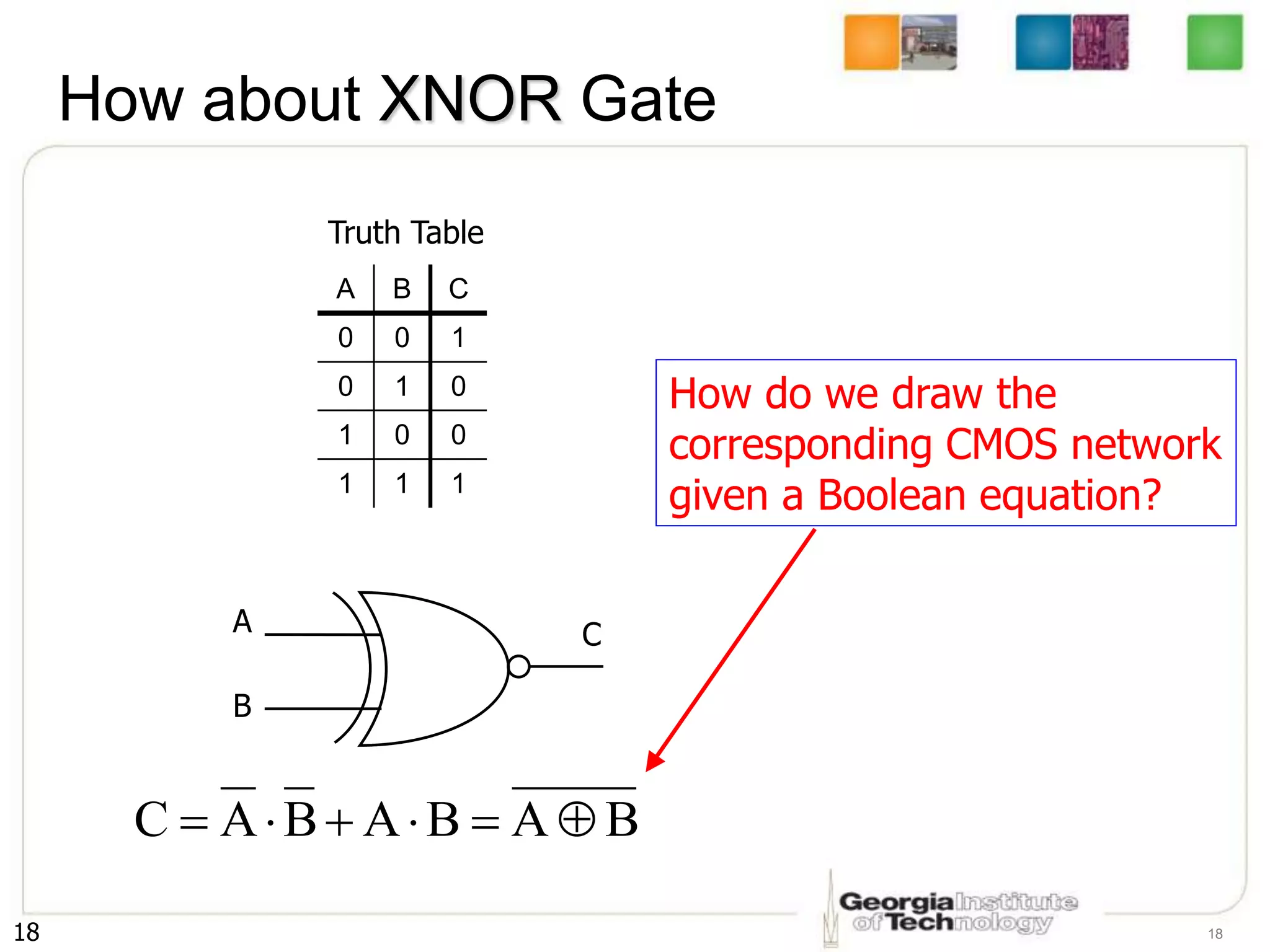 18 18
How about XNOR Gate
A B C
0 0 1
0 1 0
1 0 0
1 1 1
A
B
C
Truth Table
B
A
B
A
B
A
C 





How do we draw the
corresponding CMOS network
given a Boolean equation?
 