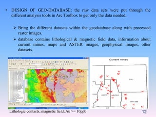 • DESIGN OF GEO-DATABASE: the raw data sets were put through the
different analysis tools in Arc Toolbox to get only the data needed.
 Bring the different datasets within the geodatabase along with processed
raster images.
 database contains lithological & magnetic field data, information about
current mines, maps and ASTER images, geophysical images, other
datasets.
12Lithologic contacts, magnetic field, Au >= 10ppb
 