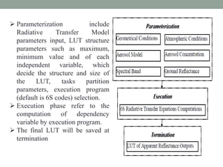  Parameterization include
Radiative Transfer Model
parameters input, LUT structure
parameters such as maximum,
minimum value and of each
independent variable, which
decide the structure and size of
the LUT, tasks partition
parameters, execution program
(default is 6S codes) selection.
 Execution phase refer to the
computation of dependency
variable by execution program.
 The final LUT will be saved at
termination
 