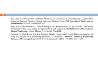 25
 Ran Chen, “The Development of 3D City Model and Its Applications in Urban Planning,” Department of
Urban and Regional Planning, Nanjing University, Nanjing, China, 19th International Conference on
Geoinformatics,978-1-61284-848-8/11/2011.
 Sagar Mali, Sachin Panhalkar, C. Pawar & Sandipan Das, “Generation of 3-D City Model for Urban Utility
Information System Using Digital Photogrammetry & GIS Technology,” Global Journal of Researches in
General Engineering, Volume 12 Issue 3 Version 1.0 Year 2012 .
 Surendra Pal Singh, Kamal Jain & V. Ravibabu Mandla, “Image based Virtual 3D Campus modeling by
using City Engine (civil engineering department, IIT Roorkee),” American Journal of Engineering
Science and Technology Research,Vol. 2, No. 1, January 2014, PP: 1 - 10, ISSN: 2327 – 8269.
 