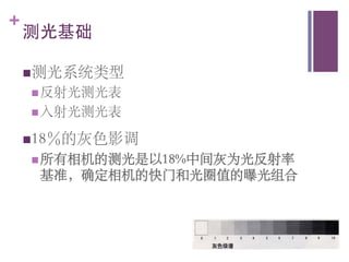 +
    测光基础	


    n 测光系统类型	

    n 反射光测光表	

    n 入射光测光表	


    n 18％的灰色影调	

    n 所有相机的测光是以18%中间灰为光反射率
     基准，确定相机的快门和光圈值的曝光组合	

 