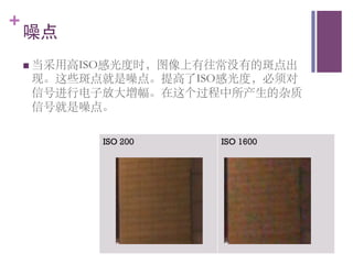 +
    噪点	

    n  当采用高ISO感光度时，图像上有往常没有的斑点出
     现。这些斑点就是噪点。提高了ISO感光度，必须对
     信号进行电子放大增幅。在这个过程中所产生的杂质
     信号就是噪点。	


            ISO 200     ISO 1600
 