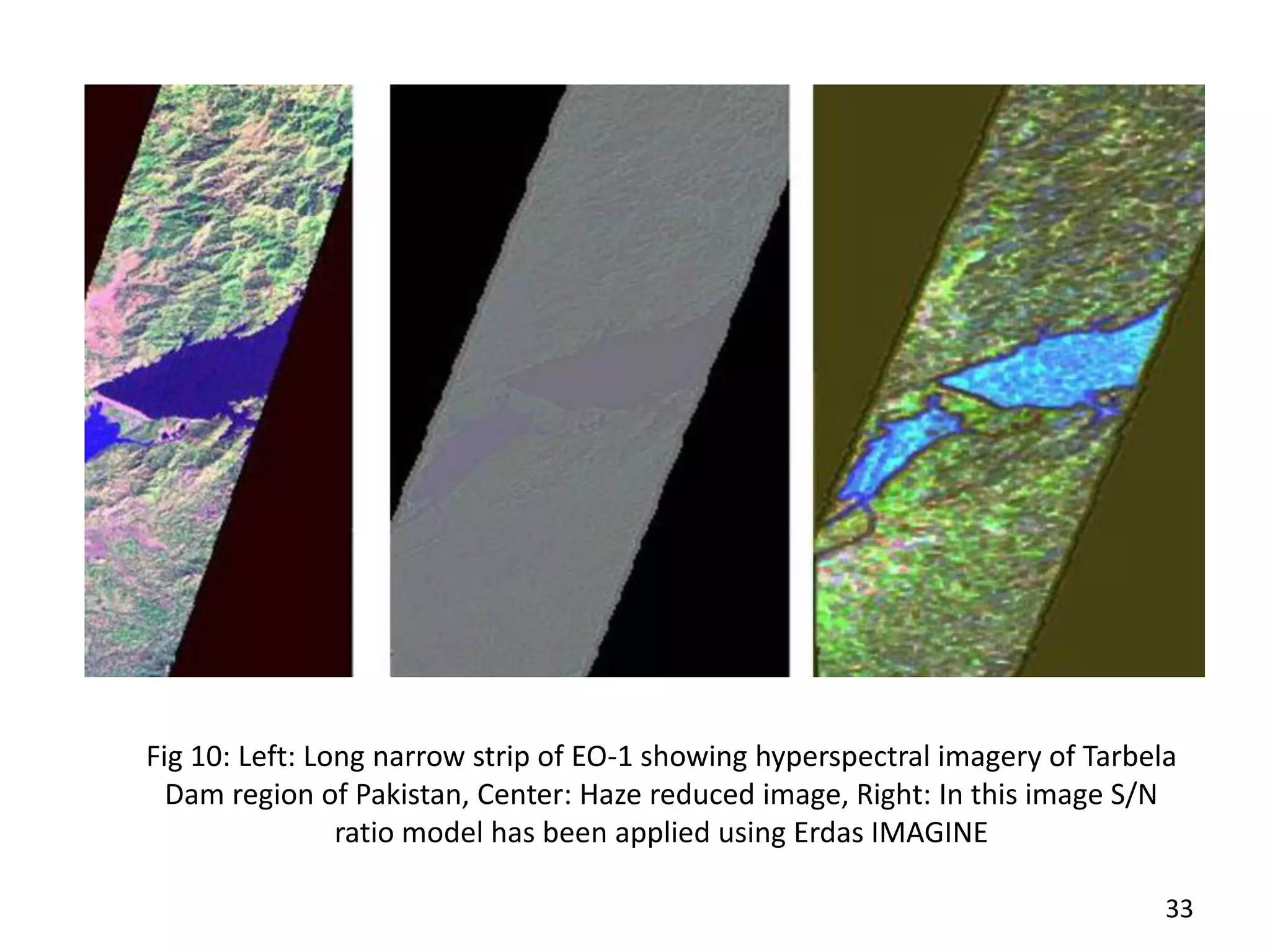 Fig 10: Left: Long narrow strip of EO-1 showing hyperspectral imagery of Tarbela
Dam region of Pakistan, Center: Haze reduced image, Right: In this image S/N
ratio model has been applied using Erdas IMAGINE
33
 