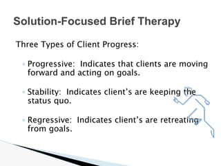 Three Types of Client Progress:
◦ Progressive: Indicates that clients are moving
forward and acting on goals.
◦ Stability: Indicates client’s are keeping the
status quo.
◦ Regressive: Indicates client’s are retreating
from goals.
Solution-Focused Brief Therapy
 