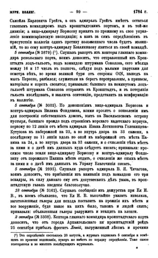 ЖУРН. КОЛЛЕГ. — 99 — 1784 г.
Самойла Карловича Грейга, а онъ адмиралъ Грейгъ имѣетъ остаться
главнымъ командиромъ надъ кронштадтскимъ портомъ, и въ той-же
дивизіи; а вице-адмиралу Борисову принять по прежнему въ свое управ-
леніе коммисаріатскую экспедицію; а какъ за симъ опредѣленіемъ въ
присутствіи коллегіи одинъ противу ноложеннаго числа будетъ излиш-
ній, то по сему контръ-адмиралу Козлянинову явиться къ своей командѣ.
5 сентября (№ 2879) (1). Слушавъ рапортъ изъ конторы главнаго коман-
дира ревельскаго порта, коимъ доноситъ, что отправленный изъ Крон-
штадта лоцъ-гальотъ, подъ командою штурмана Соколова, сего мѣсяца
между 16 и 17 числъ въ полночь, слѣдуя подъ малыми парусами для
осмотра вѣхъ, во время великой бури отъ стороны OtN, нашедъ на
мысъ Переспе, разбился; служители на берегъ переправлены, а припасы,
матеріалы и порохъ свозятся; приказали: бывшаго на помянутомъ лоцъ-
гальотѣ штурмана Соколова отправить въ Кронштадтъ, и въ потеряніи
гальота изслѣдовать, и заключа сентенцію, представить на конфирмацію
въ коллегію.
5 сентября (№ 3002). По доношеніямъ . вице-адмирала Борисова и
контръ-адмирала Вилима Фондезина, коими просятъ о позволеніи имъ
для построенія собственныхъ домовъ, взять на Васильевскомъ острову
пустыря, бывшаго прежде подъ строеніемъ морскаго кадетскаго корпуса,
первому по 12 линіи отъ мѣста адмирала Ивана Логиновича Голенищева-
Кутузова къ набережной на 23, а во внутрь двора на 33 сажени, а
послѣднему по 11 линіи вдоль по оной къ набережной отъ мѣста Па-
нина на 24, а во внутрь двора на 33 сажени, и о счисленіи тѣхъ мѣстъ
за ними и о дачѣ имъ данныхъ куда слѣдуетъ писать; приказали: про-
симое число земли вице-адмиралу Борисову и контръ-адмиралу Фонде-
зину отъ порожняго Панина мѣста отдать, о счисленіи же оныхъ мѣстъ
за ними и о дачѣ имъ данныхъ въ Управу Благочинія писать.'
5 сентября (№ 2995). Слушали рапортъ адмирала В. Я. Чичагова,
коимъ доноситъ, что прибывшія изъ кампаніи подъ командою его три
эскадры, въ силу даннаго ему отъ депутатскихъ дѣлъ указа, въ крон-
штадтскую гавань введены благополучно.
18 сентября (№ 3162). Слушавъ сообщеніе изъ дежурства при Ея И.
В., въ коемъ объявлено, что Ея И. В. высочайше указать изволила,
заготовленный галеры для похода поставить на прежнія ихъ мѣста и
все вооруженіе, буде какое на нихъ было, такожъ и людей снять;
приказали: объявленныя галеры разружить и втащить на эленги.
2 октября (№ 3308). Контора главнаго командира кронштадтскаго порта
доноситъ, что отъ города Архангелъскаго на" кронштадтскій рейдъ
25 сентября прибыль фрегатъ Жешй9 нагруженный лѣсомъ и прочими
С1) Это опредѣленіе состоялось 28 августа, а журнадъ подписанъ 5 сентября и помѣ-
щенъ по времени подписайія, нумеръ же имѣетъ но порядку опредѣленія. Тоже самое
повторяется и во многпхъ посдѣдующихъ журналахъ.
 