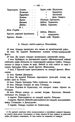156
Транспорты: Соловки.
Холмогорм
Турухтанъ
Еотица
Капит.-лейт. Шелгуновъ.
» Бардуковъ.
» Лисовской.
Касатка
Лебедка.
X I . .
Куликъ
» фонъ Сиверсъ.
Шхиперъ Григорьевъ.
Лейтен. Чернавинъ.
Лейтен. Сарычевъ.
Яхта Голубка
Лейтен. Пѣвцовъ.
» Андреяновъ.
Капнт -лейт. Нуманъ.
Фрегатъ рижской брантвахты
4 Фрегатъ: Богемгя . . . .
А . ЭСКАДРА КОНТРЪ-АДМИРАЛА ПОВАЛИШИНА.
23 іюня. Эскадра вытянулась изъ гавани на кронштадтскій рейдъ.
24 іюня. На кораблѣ Константинъ подняли контръ-адмиральскій
флагъ.
27 іюня. На судахъ эскадры производился дѳпутатскій смотръ.
1 гюля. Пріѣзжалъ на флагманскій корабль дѣйствийельный тайный
совѣтникъ графъ Шуваловъ въ сопровождены адмирала Грейга. Эскадра
снялась съ якоря и пошла въ море. Вмѣстѣ съ нею пошелъ въ море и
отрядъ бригадира Гибса, кромѣ фрегата Мстиславецъ.
7 гюля. У Красной горки присоединился къ эскадрѣ фрегатъ Мсти-
славецъ.
И гюля. Прошли Дагерордъ.
14 гюля. На кораблѣ Родиславъ переломился грота-рей, почему ему
велѣно идти въ Ревель.
15 гюля. Отрядъ бригадира Гибса отдѣлился отъ эскадры.
16 гюля. Эскадра подошла на видъ Готланда.
19 гюля. Подошла къ Борнгольму, отъ котораго пошла обратно къ
Готланду.
24 іюля. Вѣтеръ дошелъ до степени шторма. Фрегатомъ Надежда
отдѣлидся отъ эскадры (').
2 августа. Присоединился къ эскадрѣ корабль Родиславъ.
3 августа. Фрегатъ Надежда присоединился къ эскадрѣ, находившейся
между Готландомъ и Дагерордомъ.
8 августа. Эскадра подошла къ Оденсгольму.
(!) По причинѣ ослабленія всѣхъ ватеръ-вудинговъ и ведичайшаго движенія бушприта
въ степсѣ и фокъ-мачты. Спустившись по вѣтру, фрегатъ 26 іюдя пришелъ на ревельскіЗ
рейдъ, гдѣ исправя поврежденія, 30 іюля пошелъ на соединеніе съ эскадрою.
 