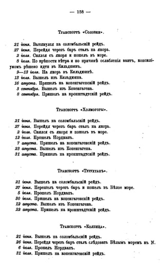 — 168 —
ТРАНСПОРТЪ «Соловки».
21 іюня. Вытянулся на соломбальскій рейдъ.
27 гюня. Перейдя черезъ баръ сталъ на якорь.
2 гюля. Снялся съ якоря и пошелъ въ море.
8 гюля. По крѣпости вѣтра и по причинѣ ослабленія вантъ, консилі-
умомъ рѣшено идти въ Кильдюинъ.
9—13 гюля. На якорь въ Кильдюинѣ.
13 гюля. Вышелъ изъ Кильдюина.
16 августа. Пришелъ на копенгагенскій рейдъ.
3 сентября. Вышелъ изъ Копенгагена.
8 сентября. Пришелъ на кронштадтскій рейдъ.
ТРАНСПОРТЪ «ХОЛМОГОРЫ».
21 гюня. Вышелъ на соломбальскій рейдъ.
27 гюня. Перейдя черезъ баръ сталъ на якорь.
2 гюля. Снялся съ якоря и пошелъ въ море.
12 тля. Прошелъ Нордкапъ.
7 августа. Пришелъ на копенгагенскій рейдъ.
23 авууста. Вышелъ изъ Копенгагена.
31 августа. Пришелъ на кронштадтскій рейдъ.
ТРАНСПОРТЪ «ТУРУХТАНЪ».
21 гюня. Вышелъ на соломбальскій рейдъ.
27 гюня. Перешелъ черезъ баръ и пошелъ въ Бѣлое море.
5 гюля. Прошелъ Нордкапъ.
30 тля. Пришелъ на копенгагенскій рейдъ.
12 авѵуста. Вышелъ изъ Копенгагена.
22 августа. Пришелъ на кронштадтскій рейдъ.
ТРАНСПОРТЪ «КОЛПИЦА*.
21 гюня. Вышелъ на соломбальскій рейдъ.
26 гюня. Перейдя черезъ баръ сталъ слѣдовать Бѣлымъ моремъ къ N.
6 тля. Прошелъ Нордкапъ.
31 тля. Пришелъ на копенгагенскій рейдъ.
 
