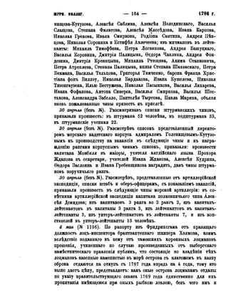 ЖУГЛ. КОЛЛЕГ. — 164 — І78« г.
нищева-Кутузова, Алевсѣя Саблина, Алексѣя Нелединскаго, Василья
Слащова, Степана Филатова, Алексѣя Мясоѣдова, Ивана Карпова,
Николая Грекова, Ивана Смирнова, Родіона Свитина, Андрея ІІѢв-
цова, Николая Сорокина и Естифѣя Аклечеева; изъ мичмановъ въ лейте-
нанты: Михаила Тимофѣева, Петра Логвинова, Андрея Башуцкаго,
Василья Коровина, Дмитрія Палицына, Ѳедора Чаплина, Андрея Фон-
дезина, Дмитрія Креницына, Михаила Ртищева, Акима Станковича,
Петра Атреплева, Степана Палицына, князя Степана Шаховскаго, Петра
Бекмана, Василья Тельцова, Григорья Тимченко, барона Франца Хрис-
тіана фонъ Биллоу, Николая Бардакова, Ивана Кушелева, Николая
Тизенгаузена, Илью Бестужева, Николая Пасынкова, Василья Лихарева,
Ивана Фофанова, Антона Сиверса, Василья Смирнова, Василья Шес-
такова, Александра Забелло, Пантелѣя Тыртова, Павла Марина, объявя
вновь пожалованные чины привесть къ присягѣ.
20 апрѣля (безъ №). Разсматривавъ списки штурманскихъ чиновъ,
приказали произвесть: въ штурмана 52 человѣка, въ подштурмана 33,
въ штурманскіе ученики 22.
20 апрѣля (безъ №). Разсмотрѣвъ списокъ представленный директо-
ромъ морскаго кадетскаго корпуса адмираломъ Голеншцевымъ-Кутузо-
вымъ къ производству на вакансіи въ слѣдующіе чины и къ награ-
жденію рангами корпуснымъ чинамъ списокъ, приказали: произвести
капитана Монбиля въ маіоры, учителя англійскаго языка Прохора
Жданова въ секретари, учителей Ивана Жданова, Алейсѣя Кудрина,
Ѳедора Заслоина и Ивана Гребенщикова наградить, давъ чины штурма-
новъ поручичьяго ранга.
20 апргъля (безъ №). Разсмотрѣвъ, представленные отъ артиллерійской
экспедиціи, списки штабъ и оберъ-офицерамъ, съ показаніемъ вакансій,
приказали произвесть въ слѣдующіе чины морской артиллеріи: въ со-
вѣтники артиллерійской экспедидіж капитана полковничьяго чина Алек-
сѣя Демидова; изъ капитановъ 3 ранга во 2 рангъ 2, изъ капитанъ-
лейтенантовъ въ капитаны 3 ранга 3, изъ лейтенантовъ въ капитанъ-
лейтенанты 3, изъ унтеръ-лейтенантовъ въ лейтенанты 7, и изъ кон-
Стапелей въ унтеръ-лейтенанты 13 человѣкъ.
4 мая (№ 1196). По рапорту изъ Фридрихсгама отъ правящаго
должность лоцъ-инспектора брантвахтеннаго шкипера Холмова, коимъ
вслѣдствіе поданнаго къ нему отъ тамошнихъ коронныхъ лоцманОвъ
прошенія, учиненнаго по случаю произведенныхъ отъ выборгскаго
намѣстническаго правленія публикъ, что состоящіе во владѣніи тѣхъ
лоцмановъ казенные каменистые въ морѣ острова съ платежемъ въ казну
оброка отдаются на откупъ съ 1787 года впредь на 4 года, тому кто
выше дастъ цѣну, представляетъ: какъ оные острова лоцманамъ отданы
по указу правительствующаго сената 1769 года единственно для ихъ
Пронитанія имѣющеюся при оныхъ рыбною ловлею, безъ чего имъ и
 