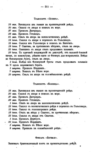 ТРАНСПОРТЪ «КУЛИКЪ».
18 мая. Вытянулся нвъ гавани на кронштадтскій рейдъ.
20 мая. Снялся съ якоря и пошелъ въ море.
27 мая. Прошелъ Дагерордъ.
29 мая. Прошелъ Готландъ.
31 мая. Сталъ на якорь на копенгагенскомъ рейдѣ.
12 гюня. Снялся съ якоря и перешелъ въ Гельсиноръ.
15 іюня. Снялся изъ Гельсинора и пошелъ въ Категатъ.
19 гюня. У Скагена, за противнымъ вѣтромъ, сталъ на якорь.
23 гюня. Снявшись съ якоря сталъ продолжать плаваніе.
29 гюня. По иричинѣ поврежденій въ рангоутѣ, отъ сильной боковой
качки, по консиліуму, рѣшено идти во Флекеръ для исправленія. Войдя
во Флекерскую^бухту, сталъ на якорь.
1 гюля. Выйдя изъ Флекерской бухты сталъ продолжать шгаваніе
къ N вдоль норвежскаго берега.
1 августа. Прошелъ Нордкапъ.
7 августа. Вошелъ въ Бѣлое море.
10 августа. Сталъ на якорь на соломбальскомъ рейдѣ.
ТРАНСПОРТЪ «КОЛПИЦА».
18 мая. Вытянулся йзъ гавани на кронштадтскій рейдъ
20 мая. Снялся съ якоря и пошелъ въ море.
27 мая. Прошелъ Дагерордъ.
29 мая. Прошелъ Готландъ.
1 гюня. Сталъ на якорь на копенгагенскомъ рейдѣ.
12 гюня. Снялся съ копенгагенскаго рейда и перешелъ въ Гельсиноръ.
15 гюня. Снялся съ гельсинорскаго рейда.
19 іюня. Сталъ на якЬрь у Скагена, за противнымъ вѣтромъ.
23 гюня. Снялся съ якоря отъ Скагена.
1 гюля. Прошелъ Дернеусъ.
* 30 гюля. Прошелъ Нордкапъ.
3 августа. Вошелъ въ Бѣлое море.
9 августа. Пришелъ на соломбальскій рейдъ.
ФРЕГАТЪ «БОГЕМІЯ».
Занималъ брантвахтенный постъ на кронштадтскомъ рейдѣ.
 