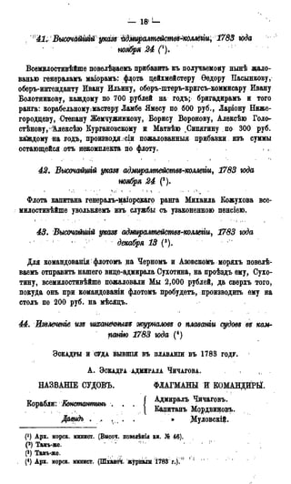 , и41.. ВьитШМй укш года
ноября 24 С). '
Всемилостивѣйше повелѣдаемъ прибавить къ получаемому нынѣ жало-
ванью генераламъ маіорамъ: ф^ота цейхмейстеру Ѳедору Пасынкову,
обѳръ-интенданту Ивану Ильину, обѳръ-штеръ-кригсъ-коммисару Ивану
Болотникову, каждому по 700 рублей на годъ; бригадирамъ и того
ранга: корабельному>мастеру Ламбе Ямесу по 500 руб., Ларіону Ниже-
городцеву, Степану Жемчужникову, Борису Воронову, Алексѣю Голо-
стѣнову, гАлексѣю Кургановсксіму и Матвѣю .Сипягину по 300 руб.
каждому на годъ, производя, сіи пожалованный прибавки изъ суммы
остающейся отъ некомплекта по флоту.
42. Высочайщій указъ адмиралтействе-коллеііи, 1783 юда
ноября 24 (2).
Флота капитана генѳралъ-маіорсдаго ранга Михаила Еожухова все-
милостивѣйше увольняемъ изъ службы съ узаконенною пенсіею.
43. Высоттшій указе адмирампейстѳд-коллегіи^ 1783 юда
декабря 13 (3).
Для командоващя флотомъ на Черномъ и Азовскомъ моряхъ повелѣ-
ваемъ отправить нашего вице-адмирала Сухотина, на проѣздъ ему, Сухо-
тину, всемилостивѣйше пожаловали Мы 2.000 рублей, да сверхъ того,
покуда онъ при командованіи флотомъ пробудеть, производить ему на
столъ по 200 руб. на мѣсяцъ.
44. ИзізАеченге им шхстечньт журналов^ о плаваніи судовг вь кам-
панію 1783 юда (4)
ЭСКАДРЫ И СУДА ВЫВШІЯ в ъ пЛАВАШИ ВЪ 1 7 8 3 ГОДУ.
А . ЭСКАДРА АДМИРАЛА ЧИЧАГОВА. ,, .
НАЗВАШЕ СУДОВЪ. ФЛАГМАНЫ И КОМАНДИРЙ.
Корабли: Еоттаттнъ . . . ( Адмиралъ Чичаговъ.
.[ Кадитанъ Мордвищщъ.
Дадцдъ . .. . . . » ІМуловскі%
(*) Арх. морск. минист. (Внсоч. повелѣнія кн. № 46).
(2) Тамъ-же. ' L : і
Р) Тамъ-же.
(4) Арх. морск. минисФ. (Шхане^і. журналы І783 г.). ° 1
 