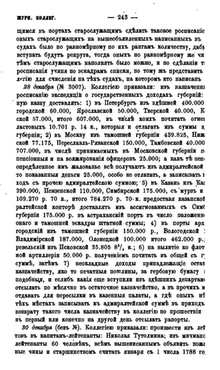 ЖУРИ. КОЛЛЕГ. — 243 — 1787
щимся въ портахъ старослужащимъ сдѣлать таковое роспйсаніе
оныхъ старослужащихъ на вышеобъявленныхъ написанныхъ въ
судахъ было по равномѣрному по ихъ рангамъ количеству, дабі
вступать будутъ рекрута, тогда оныхъ по равномѣрному же чи
тѣмъ старослужащимъ наполнять было можно, и по сдѣланіи ті
росписанія учиня по эскадрамъ списки, по тому жъ представить
ЛРГІЮ для счисленія на тѣхъ судахъ, на которомъ кто написанъ
28 декабря (№ 3007). Еоллегіею приказали: изъ назначенш
росписанію экспедидій о государственныхъ доходахъ губерній:
ную казну доставлять: 1) въ Петербургъ изъ здѣшней 400.000
городской 60.000, Ярославской 50.000, Тверской 40.000, К
ской 57.000, итого 607.000, въ числѣ коихъ почитать огнеі
ластовыхъ 10.701 р. 14 к., которыя и отлагать изъ суммы з,
губерніи; 2) въ Москву изъ тамошней губерніи 439.825, Ниж
ской 77.175, Переславль-Рязанской 150.000, Тамбовской 40.000
707.000, въ числѣ принимаемыхъ въ Московской губерніи п<
пенсіонныя и на вояжированія офидеровъ 25.000; а какъ тѣ пен<
опредѣленное имъ жалованье всѣ получаютъ изъ адмиралтейской
то показанный деньги 25.000, особо не отлатать, а записывать і
ходъ съ прочею адмиралтейскою суммою; 3) въ Еазань изъ Kas
390.000, Пензенской 110.000, Симбирской 175.000, съ'мурзъ и
109.270 р. 70 к., итого 784,270 р. 70-к. предоставя казанскоі
ралтейской конторѣ доставлять изъ ассигнованныхъ съ Сим(
губерніи 175.000 р. въ астраханскій порть въ число положена
онаго и тамошней эскадры штатной суммы; 4) въ порты арх
городскій изъ тамошней губерніи 150.000 р., Вологодской !
Владтгірской 187.000, Олонецкой 100.000 итого 4-62.000 р.:
ревельскій изъ Псковской 35.805 83/4 к.; 6) на вылитіе ко флот
ной артиллеріи 50.000 р. полученіемь почитать въ общей съ г;
суммѣ, затѣмъ 7) неокладные доходы принадлежащее остат
казначейству, яко то печатный пошлины, за гербовую бумагу і
подобнца, и еслибъ какія еще вступили изъ здѣшнихъ департам<
отсылать по мѣсячно въ остаточное казначейство, а въ прочихъ м
отдавать для пересылки въ казенный палаты, а гдѣ оныхъ ні
тѣхъ мѣстахъ записывать къ адмиралтейской суммѣ въ приходъ
возврату такого числа казначейству въ коллегію по прошествіи
въ первый или конечно на другой день отсылать рапорты.
30 декабря (безъ Щ. Коллегіею приказали: произвести изъ леі
товъ въ капитанъ-лейтенанты: Николая Тутолмина; изъ мичмане
лейтенанты 60 человѣкъ, всѣмъ вышеписаннымъ объявить пожг
ные чины и старшинствомъ считать января съ 1 числа 1788 го,
 