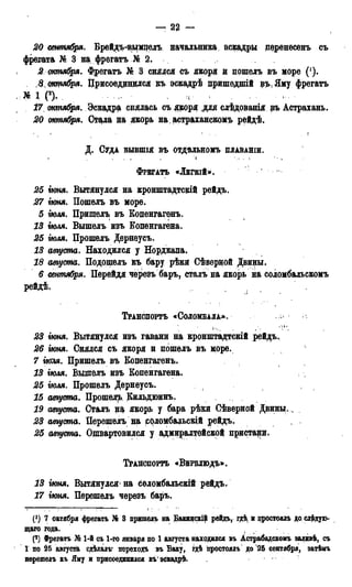 — 22 — I
20 сентября. Врейдѵвымцелъ начальника, эскадры перенесенъ съ
фрегата № 3 на фрегатъ № 2.
2 октября. Фрегатъ № 3 снядся съ якоря и пошелъ въ море (1).
3 ощмбря. Присоединился къ эскадрѣ пришедшій въ.Яму фрегатъ
1 ('), , . • • .г * . • • •
17 октября. Эскадра снялась съ якоря для слѣдованія ръ Астрахань.
20 октября. Ст^ла на якорь на астраханскому рейдѣ.
Д. СУДА БЫВШІЯ в ъ ОТДѢЛЬНОМЪ ПЛАВАНІИ.
. , . і • .< • • '1 ^
ФРЕГАТЪ «ЛЁГКІЙ*.
25 ітя. Вытянулся на кронштадтскій рейдъ.
27 гюня. Пошелъ въ море.
5 іюля. Пришелъ въ Копенгагена
13 іюля. Вышелъ изъ Копенгагена.
25 тля. Прошелъ Дернеусъ.
13 августа. Находился у Нордкапа.
18 августа. Подошелъ къ бару рѣки Сѣверной Двины.
6 сентября. Перейдя черезъбаръ, сталъна якорь на соломбальскомъ
рейдѣ. л
ТРАНСПОРТЪ «СОЛОМВАЛА».
23 ішя. Вытянулся изъ гавани на кронштадтскій рейдъ.
26 гюня. Снялся съ якоря и пошелъ въ море.
7 ітя. Пришелъ въ Копенгагена
13 іюля. Вышелъ изъ Копенгагена.
25 іюля. Прошелъ Дернеусъ.
15 августа. Прошелъ Кильдюинъ.
19 августа. Сталь на якорь у бара рѣки Сѣверной Двины..,
23 ащста. Перешелъ на соломбальсщй рейдъ.
25 ащста. Ошвартовился у адмиралтейской пристари.
ТРАНСПОРТЪ «ВЕРБЛЮДЪ».
13 гюня. Вытянулся на соломбальскій рейдъ.
17 гюня. Перешелъ черезъ баръ.
(*) 7 октября фрегатъ № 3 пришелъ на ІБакинскій рейдъ, гдѣ, и цростоялъ до.слфдую-
щаго года.
(*) Фрегатъ № 1-й съ 1-го января по 1 августа находился въ Астрабадскомъ заливѣ, съ
1 по 25 августа сдѣлалъ* переход* въ Баку, гдѣ простоялъ' до 25 сентября, затѣнъ
перешелъ къ Яму и присоединился къ' эскадрѣ*
 