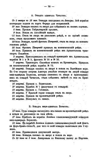 А . ЭСКАДРА АДМИРАЛА ЧИЧАГОВА.
Од1 Іянвйря по 13 мая. Эскадра находилась въ Ливорно. Всѣ корабли
поочередно ходили въ портъ Фераро для исправленій.
13 мая Эскадра снялась съ> якоря для слѣдованія къ своимъ портамъ.
5 іюня. Прошла Гибралтарскій проливъ.
9 іюля. Вошла въ Англійскій каналъ.
11 іюля. Стала на якорь на/ днльскомъ рейдѣ^ и по пріемѣ лоцма-
новъ, стала продолжать плаваніе. «,.
22 іюля. Эскадра, кромѣ фрегата Патришй, стала на якорь на копенга-
генскомъ рейдѣ, < -
25 іюля. Фрегатъ Патрикьй пришелъ на копенгагенскій рейдъ.
28 тля. Пришелъ на копенгагенскій рейдъ изъ Архангельска тран-
спорта Соломбала. , . ? .
5 августа. Присоединились къ эскадрѣ пришедшіе изъ Архангельска
корабій № 1 й № 2, фрегатй №35 и № 36. • <
7 августа. Транспорта Соломбала пошелъ въ Кронштадта. Пришелъ
на копенгагенскій рейдъ корабль № 72.
14 авгуЬМа. Эскадра снялась съ Якоря й пошла въ Балтійское море.
По О-ю сторону острова Амагера увидѣли стоящую на якорѣ1 эскадру
вицё-адмйрала Борисова, которая снявшись съ якоря йприсоеДййив-
пгась къ эскадрѣ Чичагова, стала слѣдовать вмѣстѣ съ нею въ Kpotf-
штадта.
16 aeiycmd. Прошляі о. Борнгольмъ.
17 аЩста. Корабіь №1 разлучился съ эскадрой.
18 августа. Прошла о. Готландъ.
20 августа. У Красной горки эскадра стала на якорь.
21 августа. Пришла на кронштадтскій рейдъ.
28 августа. Втянулась въ гавань.
Б ; ЭСКАДРА ВИЦЕТАДМИРАЛА БОРИСОВА.
13 іюня.[Суда эскадры вытянулись изъ гавани на кронип&дтскій рейдъ
и встали по ^испозиціи на свои мѣста.
17 іюня. Прибылъ на корабль Іезекіилъ главнокомандующий эскадрою
вице-адмиралъ Борисовъ.
18 іюня. На кораблѣ Іезекіиль поднялъ главнокомандующий свой флагъ
ніі форъ-брамъ-стеньгѣ, для чего со всей эскадры салютовали изъ 9 пу-
шекъ.
2Q іюня. Производился дрпутатскій смотръ.
24 іюня. Эскадра снялась съ якоря и пошла въ море.
Съ 24 гюня по 3 іюля. Лавировала по Финскому заливу до Наргина.
 