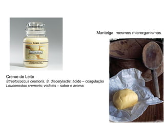 Creme de Leite
Streptococcus cremoris, S. diacetylactis: ácido – coagulação
Leuconostoc cremoris: voláteis – sabor e aroma
Manteiga: mesmos microrganismos
 