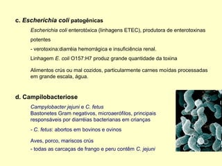 c. Escherichia coli patogênicas
Escherichia coli enterotóxica (linhagens ETEC), produtora de enterotoxinas
potentes
- verotoxina:diarréia hemorrágica e insuficiência renal.
Linhagem E. coli O157:H7 produz grande quantidade da toxina
Alimentos crús ou mal cozidos, particularmente carnes moídas processadas
em grande escala, água.
d. Campilobacteriose
Campylobacter jejuni e C. fetus
Bastonetes Gram negativos, microaerófilos, principais
responsáveis por diarréias bacterianas em crianças
- C. fetus: abortos em bovinos e ovinos
Aves, porco, mariscos crús
- todas as carcaças de frango e peru contêm C. jejuni
 