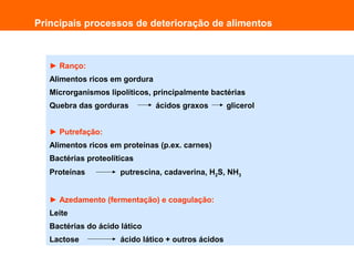 ► Ranço:
Alimentos ricos em gordura
Microrganismos lipolíticos, principalmente bactérias
Quebra das gorduras ácidos graxos glicerol
► Putrefação:
Alimentos ricos em proteínas (p.ex. carnes)
Bactérias proteolíticas
Proteínas putrescina, cadaverina, H2S, NH3
► Azedamento (fermentação) e coagulação:
Leite
Bactérias do ácido lático
Lactose ácido lático + outros ácidos
Principais processos de deterioração de alimentos
 